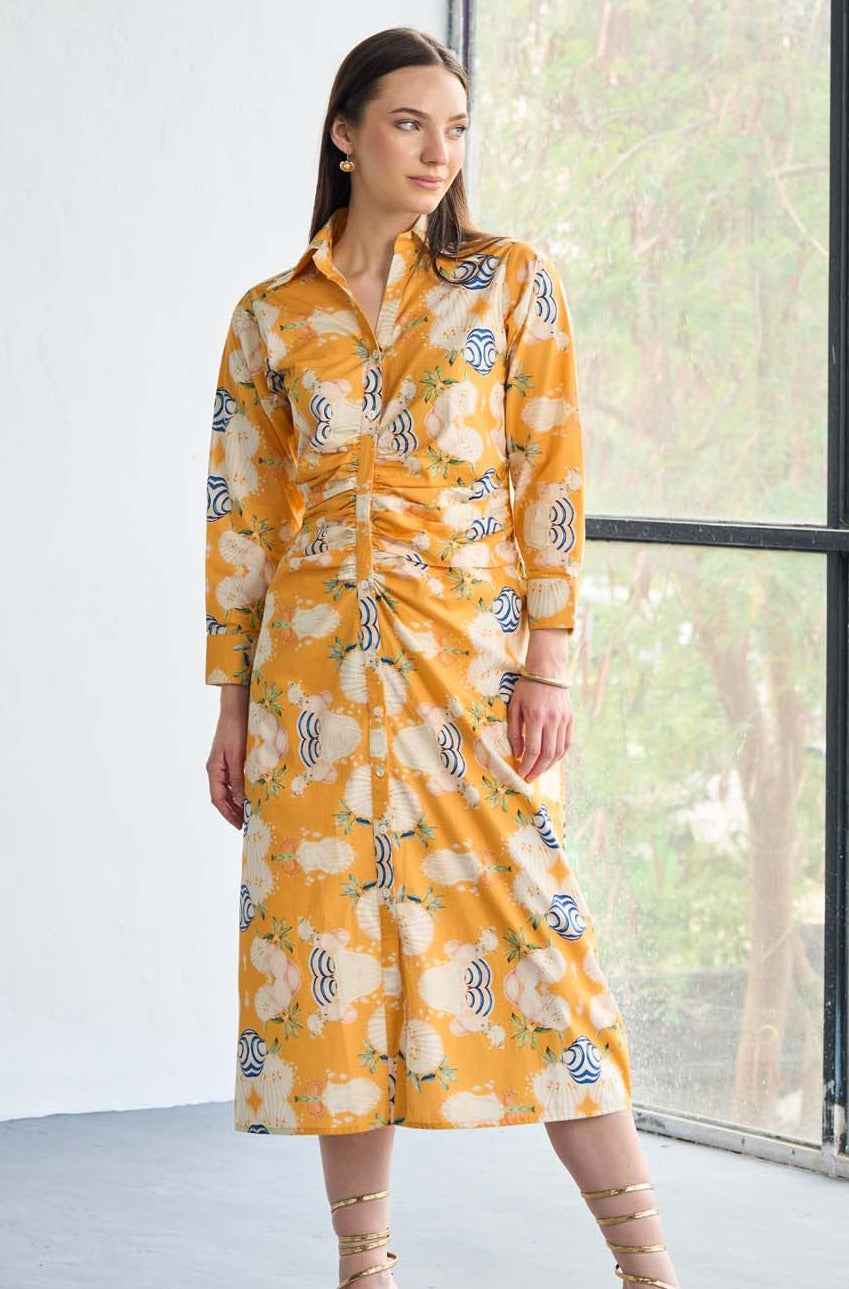 knee length dresses for ladies Mustard Poplin pleated midi shirt dress