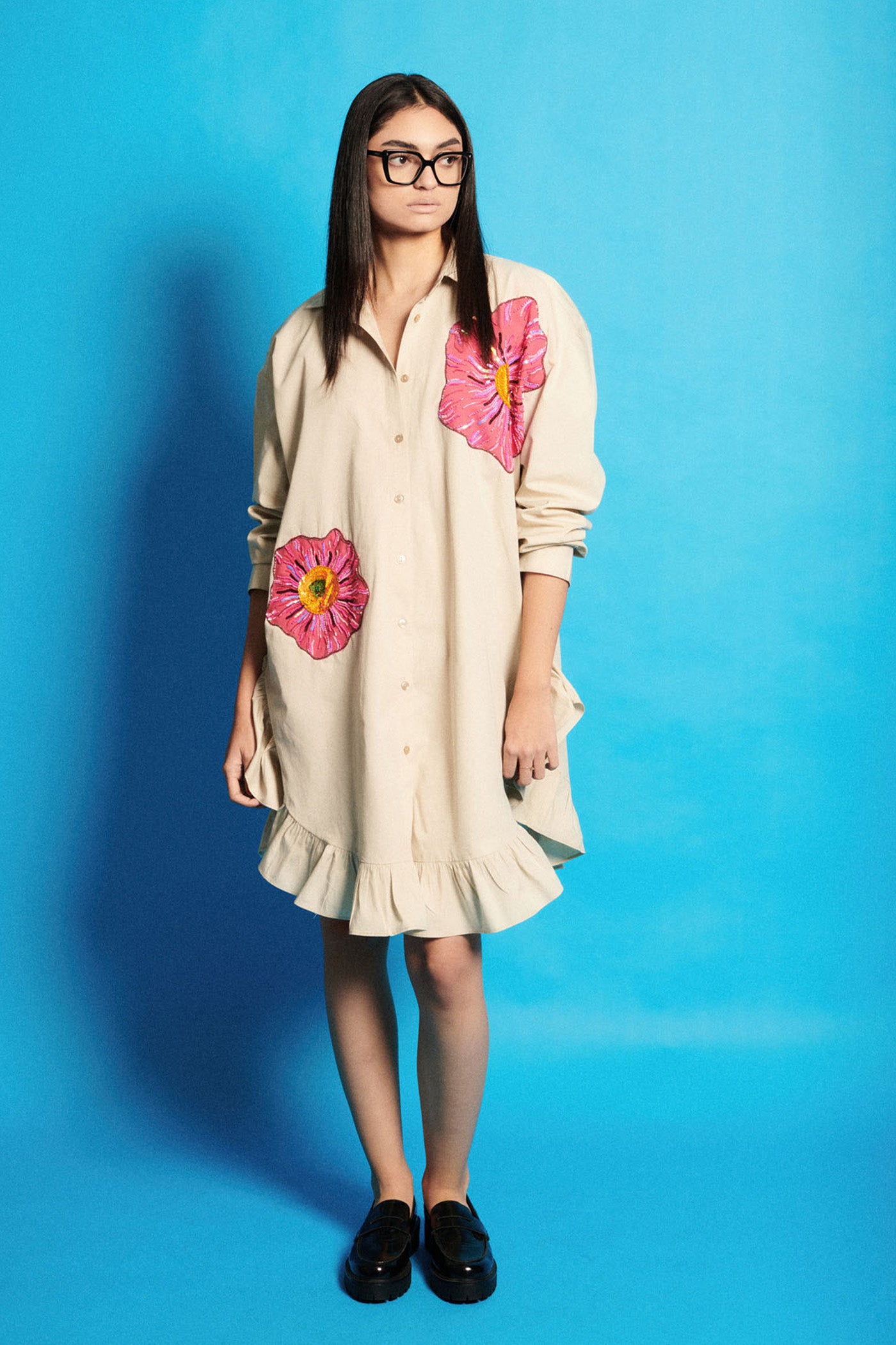 Flower Embroidered Poplin Shirt Dress