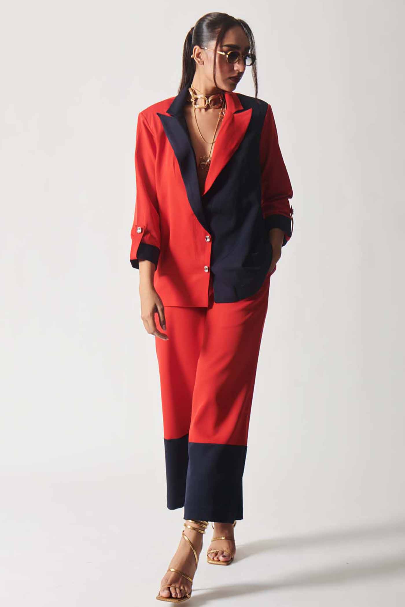 Dipti Dhillion In Navy and Crimson Power Suit