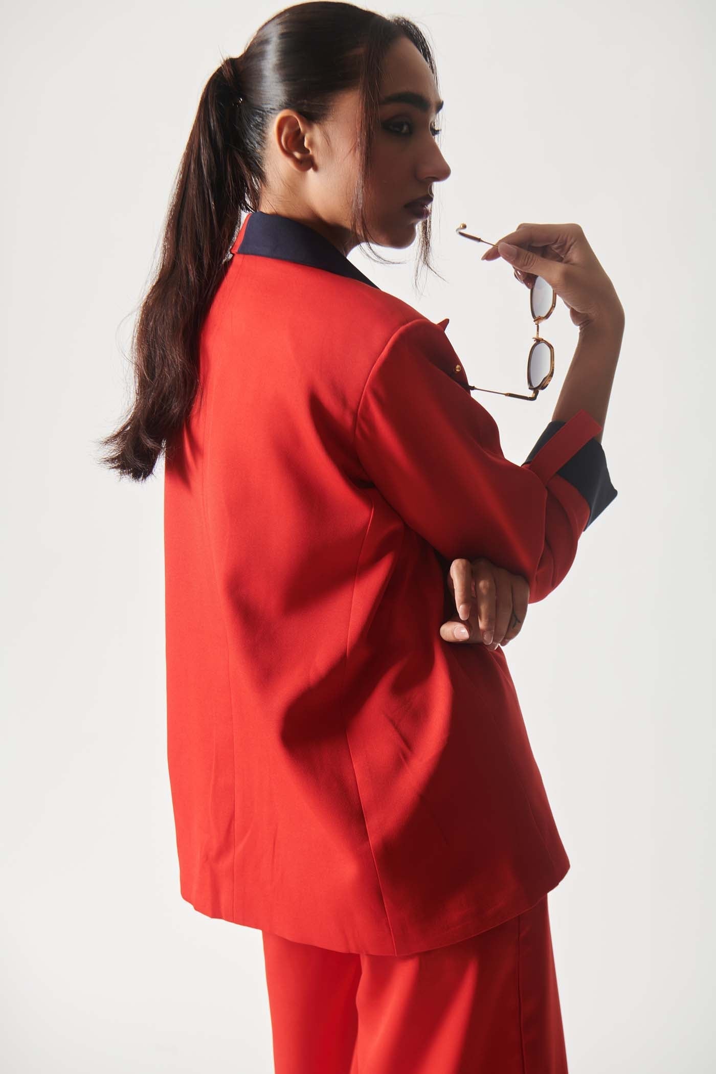 Dipti Dhillion In Navy and Crimson Power Suit