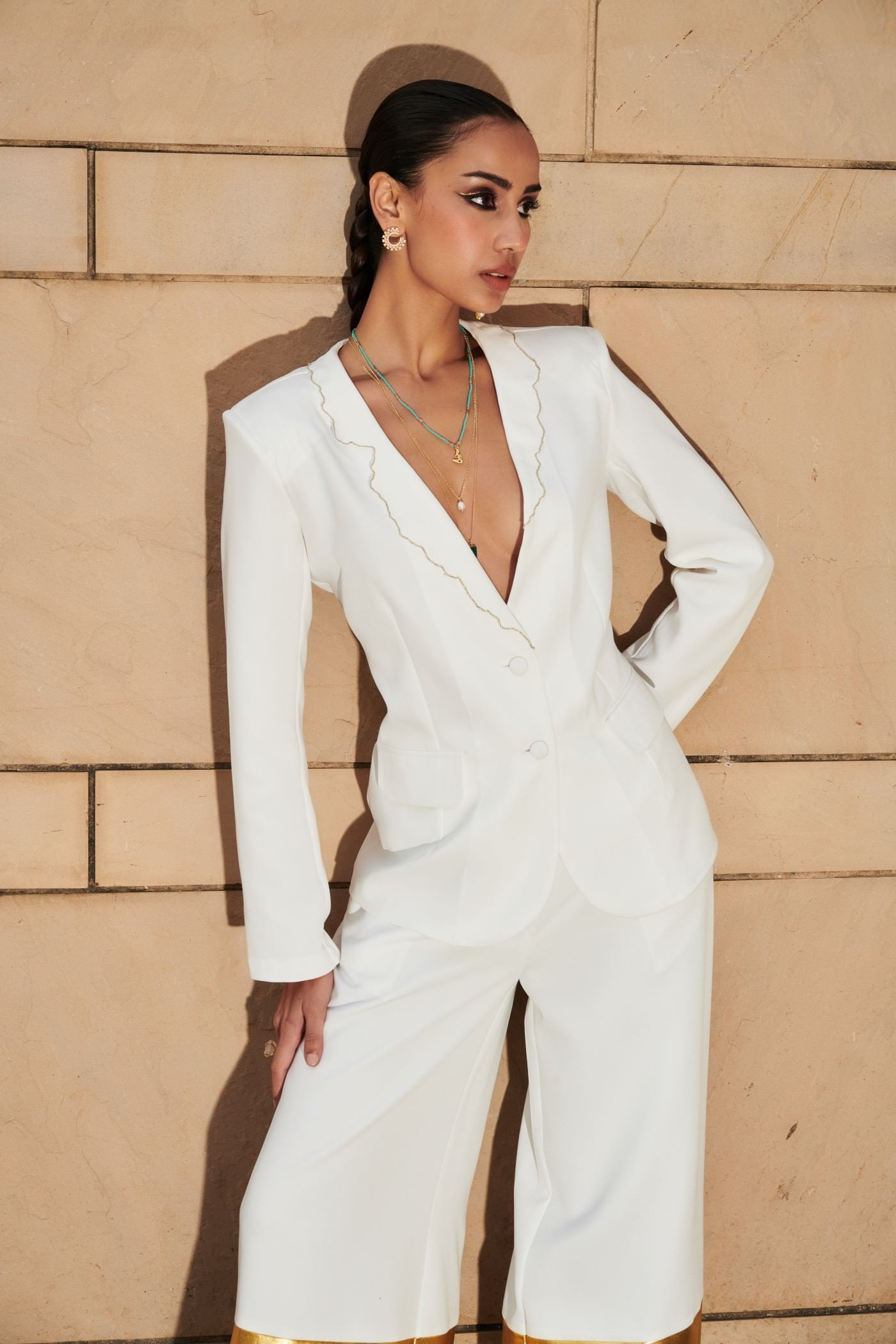White Embroidered Blazer With Extra Wide Leg Pants