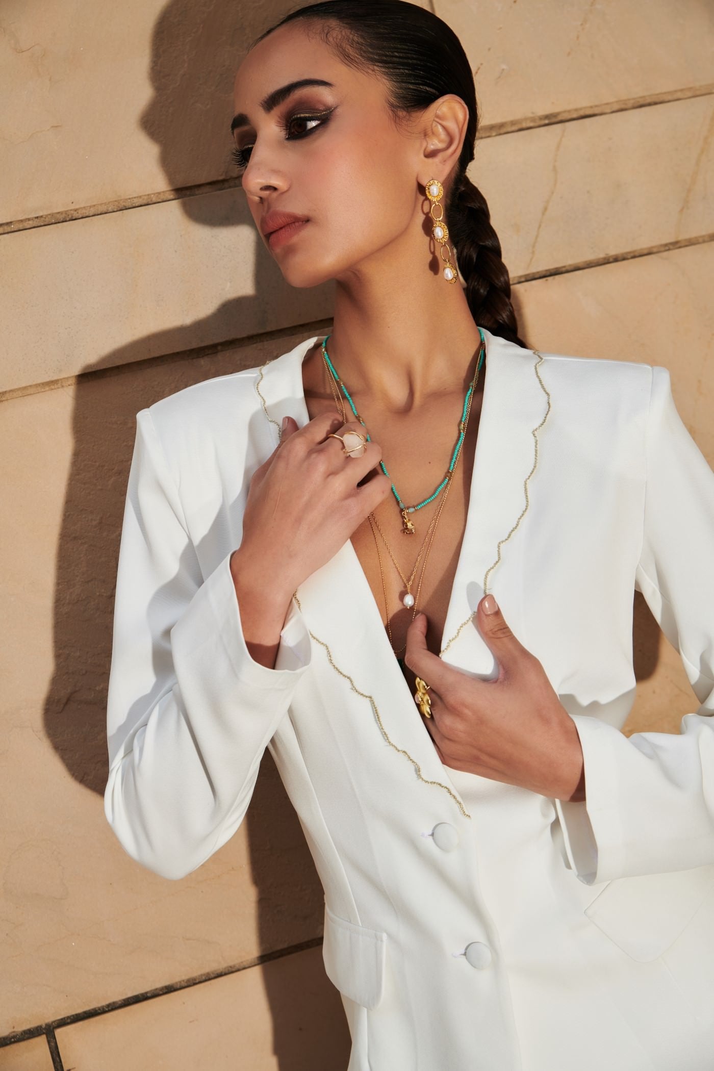 White Embroidered Blazer With Extra Wide Leg Pants