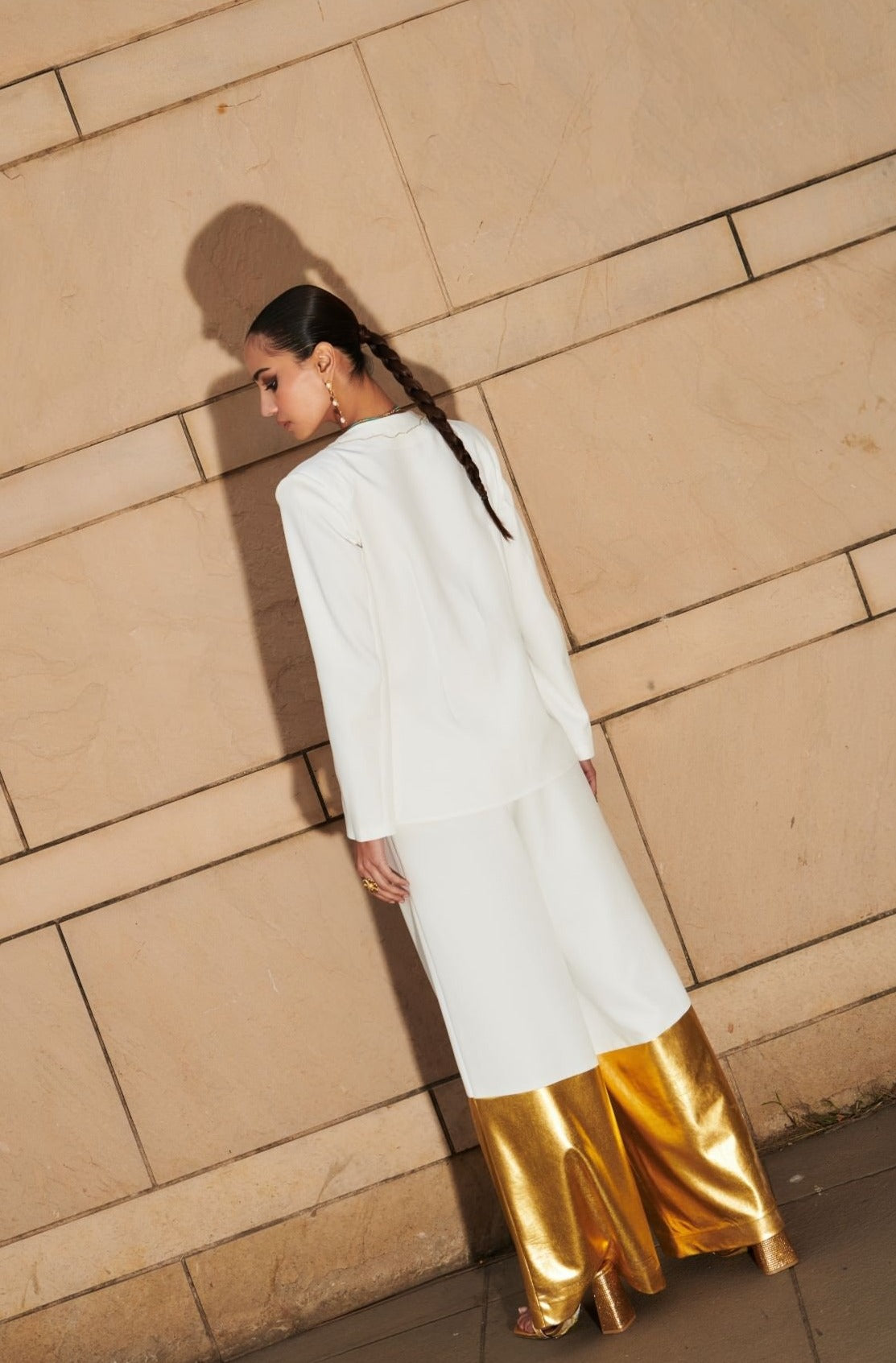 White Embroidered Blazer With Extra Wide Leg Pants