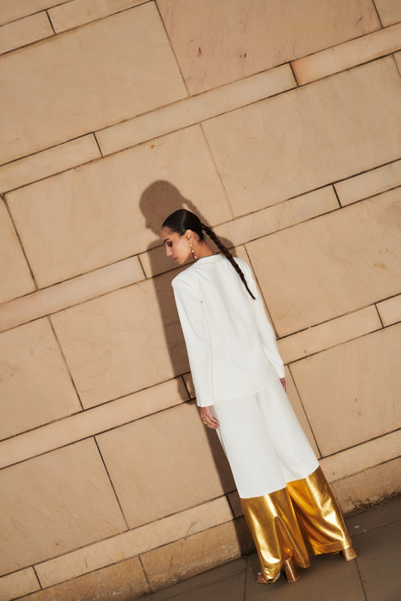 Sonam C Chhabra In White Embroidered Blazer With Extra Wide Leg Pants