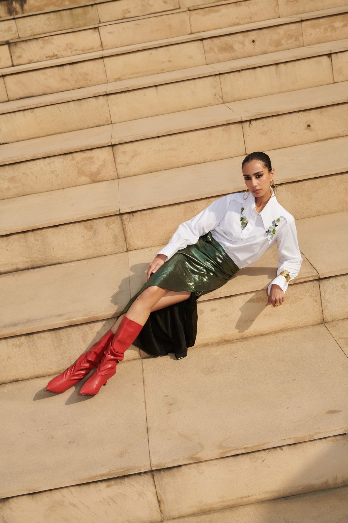 DIGANGANA SURYAVANSHI In Poplin Embroidered Neck Shirt With Metallic Wrap-On Skirt