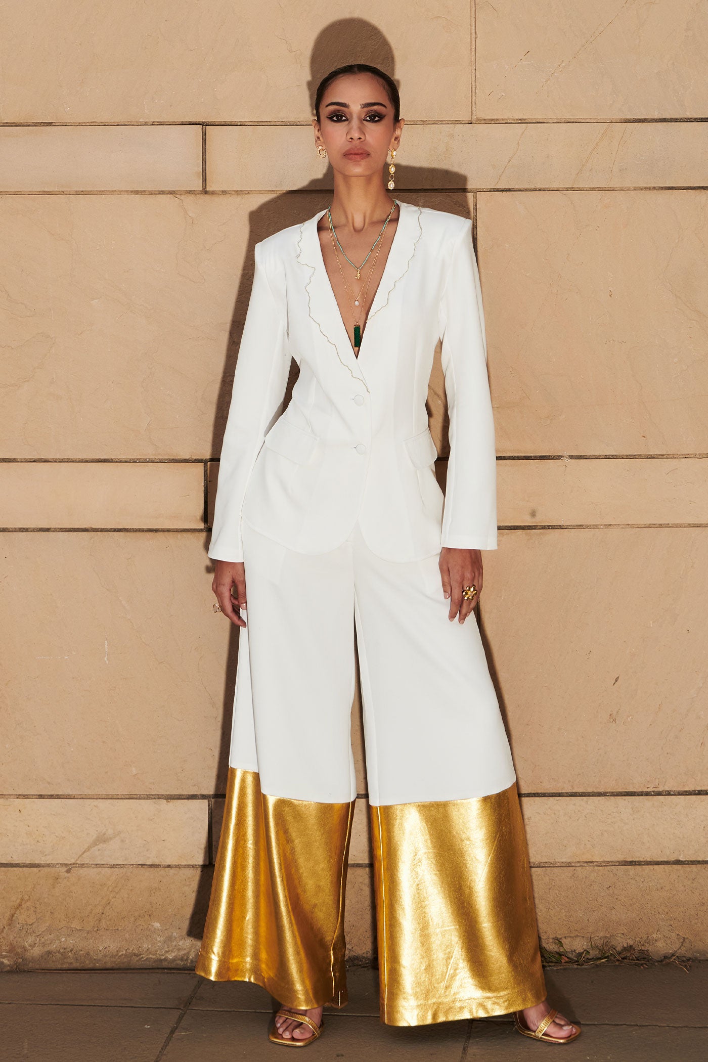 White Embroidered Blazer With Extra Wide Leg Pants