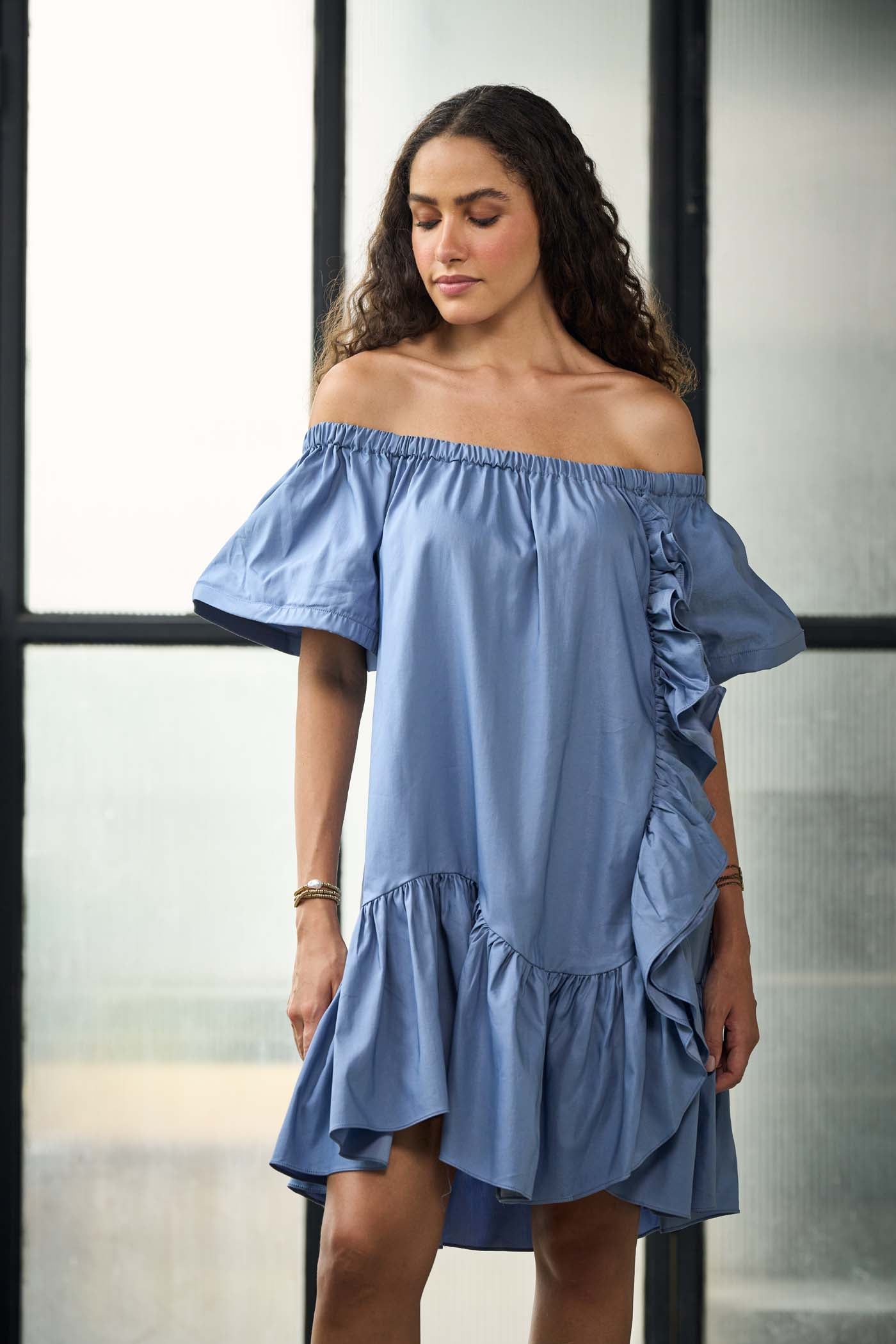 Blue One-shoulder Ruffle Mini Dress