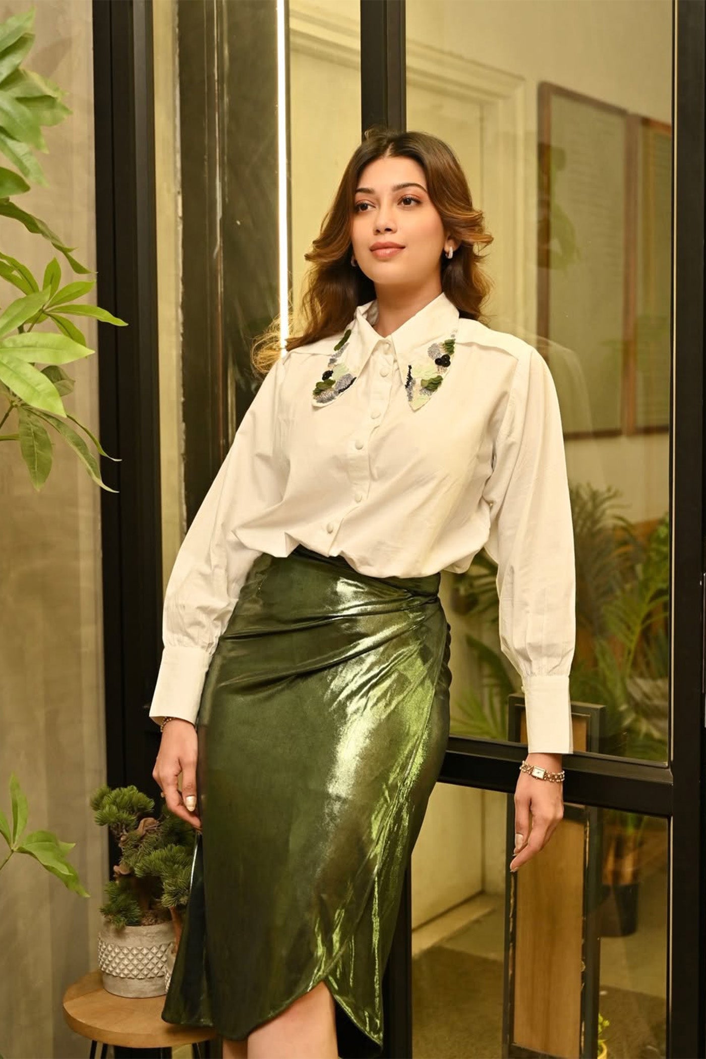 DIGANGANA SURYAVANSHI In Poplin Embroidered Neck Shirt With Metallic Wrap-On Skirt