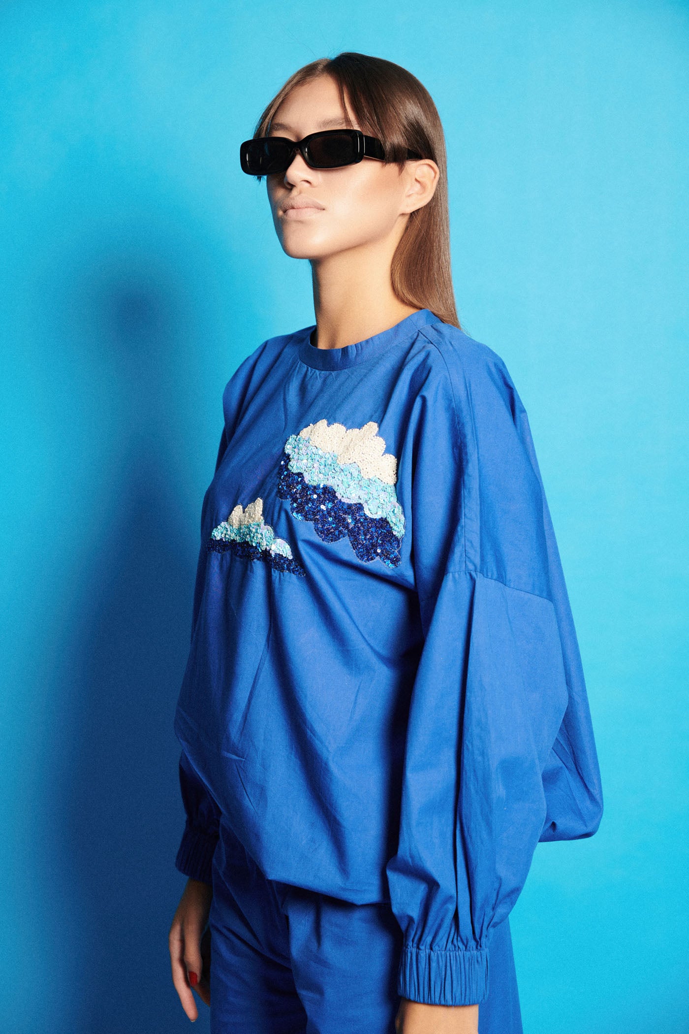 Blue Embroidered Poplin Top