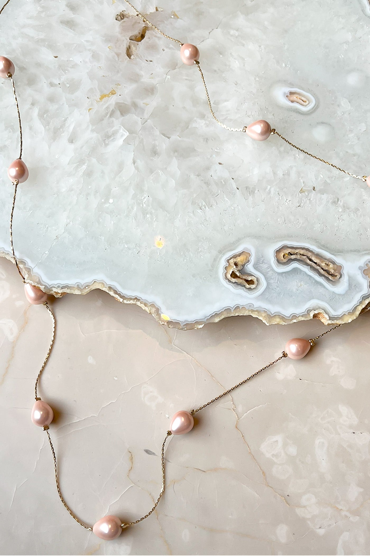 Golden Pink Pearl Cascade Necklace