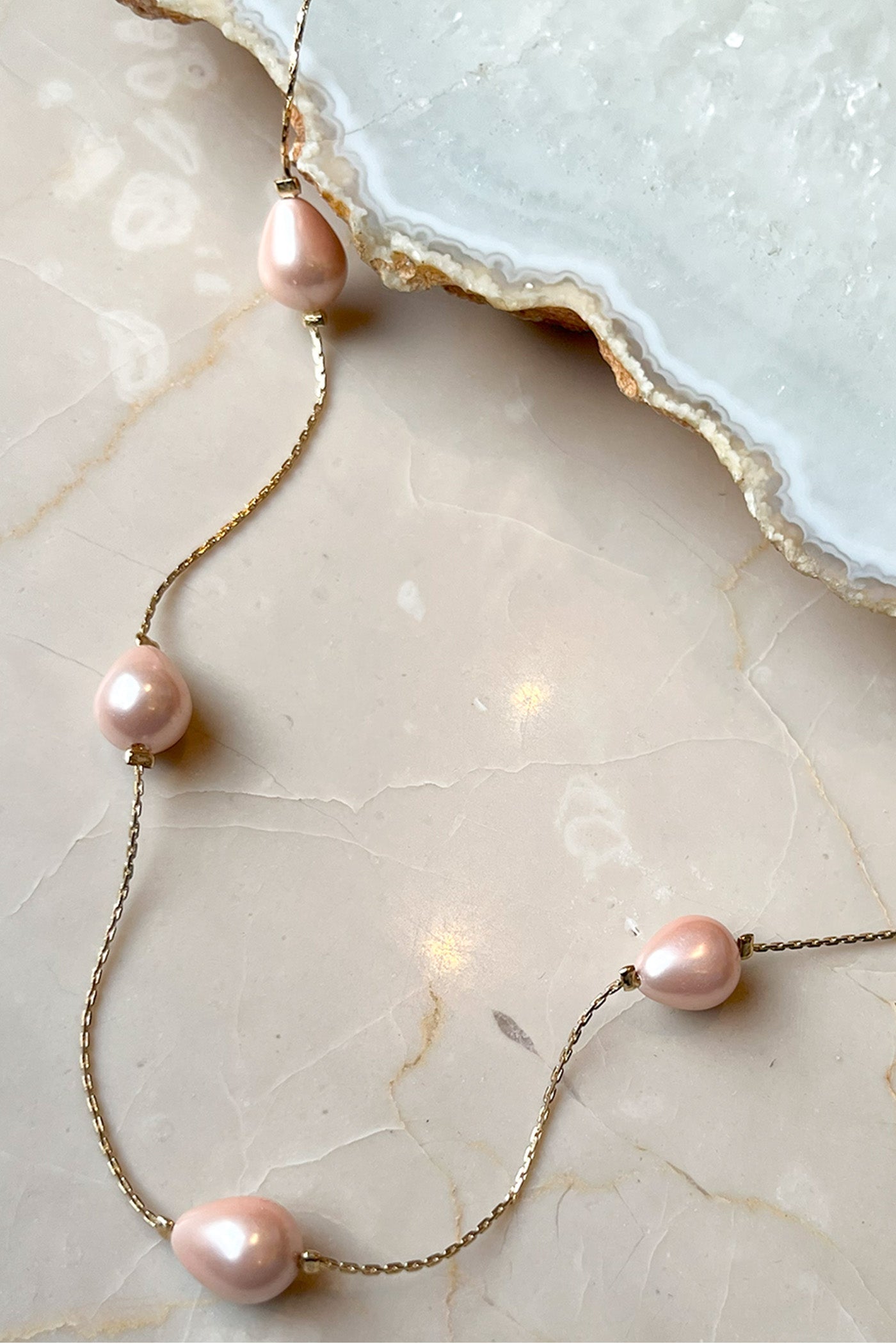 Golden Pink Pearl Cascade Necklace