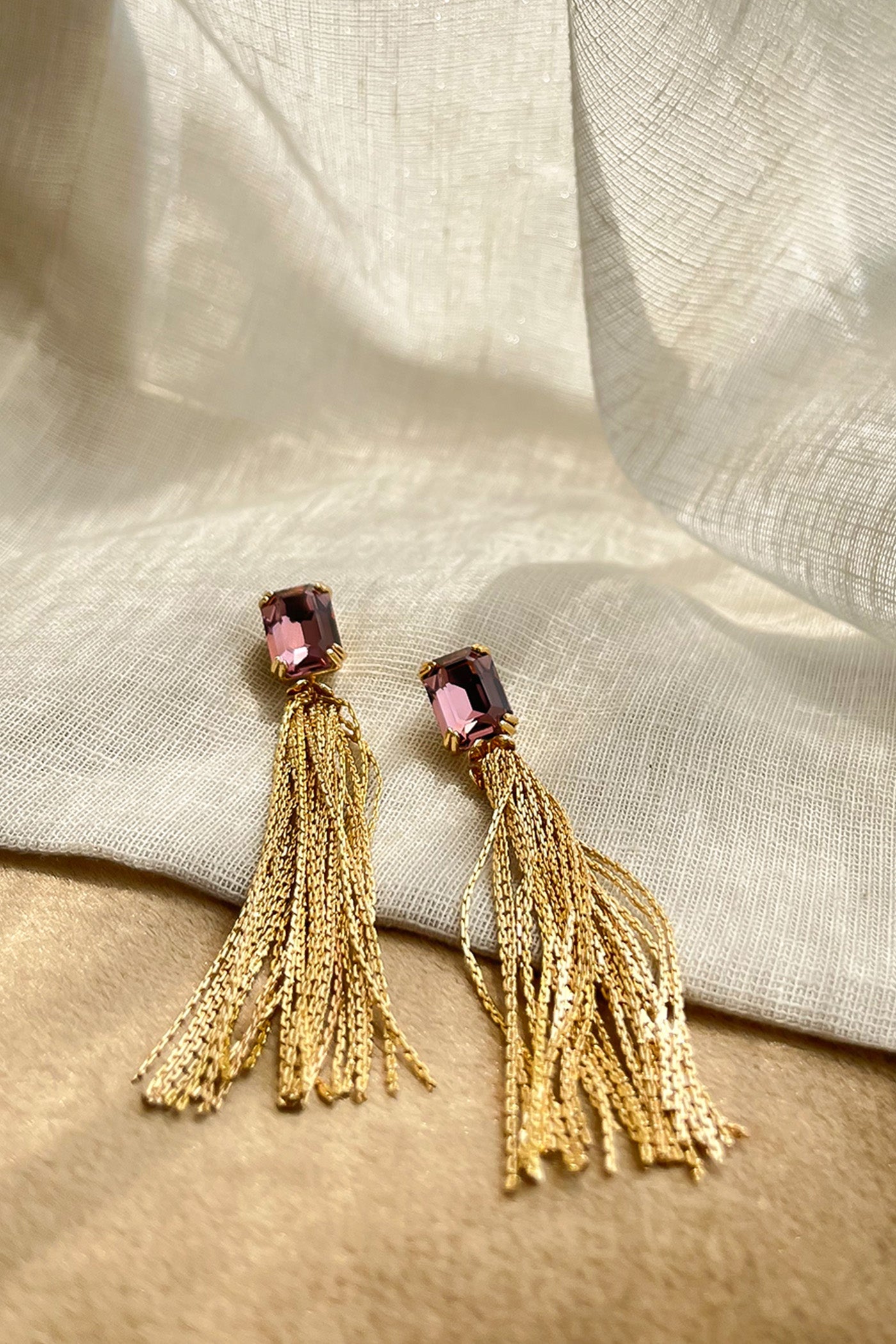 Rose quartz golden tassel earrings