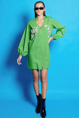 Poplin Front Zip Embroidered Shirt Dress
