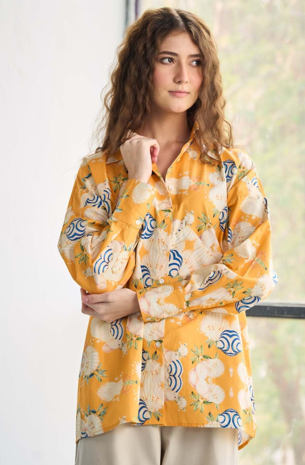 Mustard Floral Printed Poplin Shirt