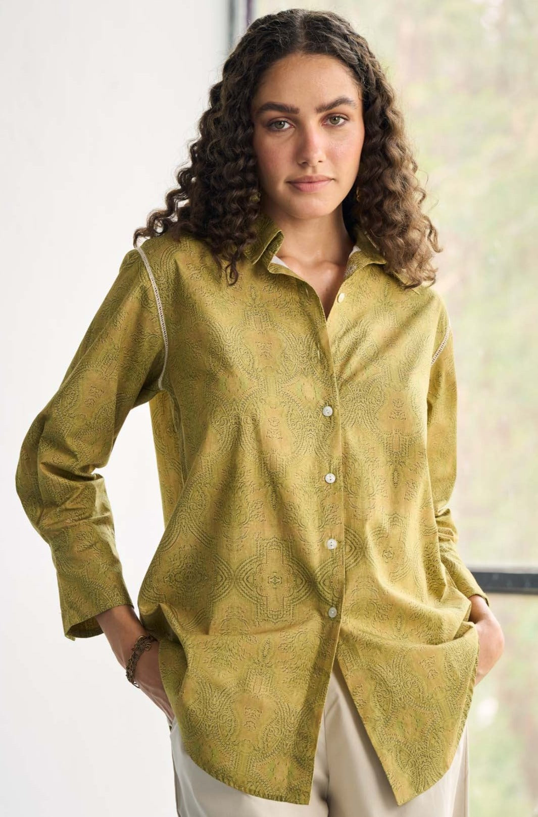 Olive Printed Poplin Basic Shirt