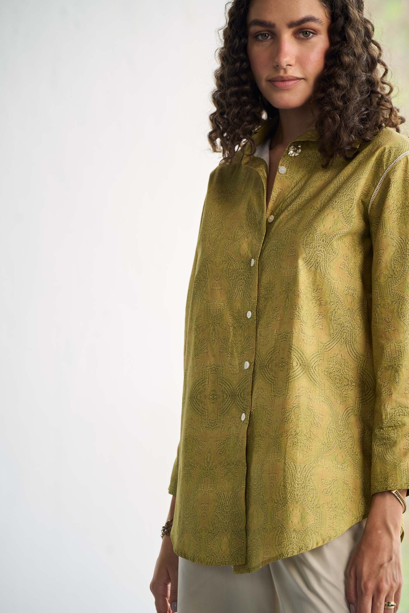 Olive Printed Poplin Basic Shirt