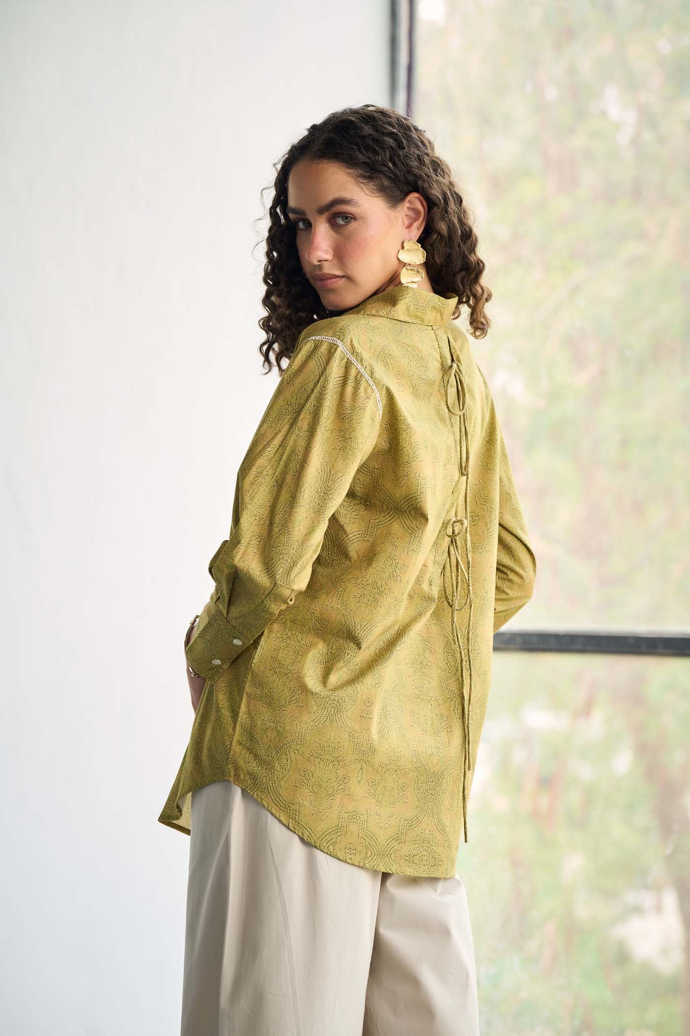 Olive Printed Poplin Basic Shirt