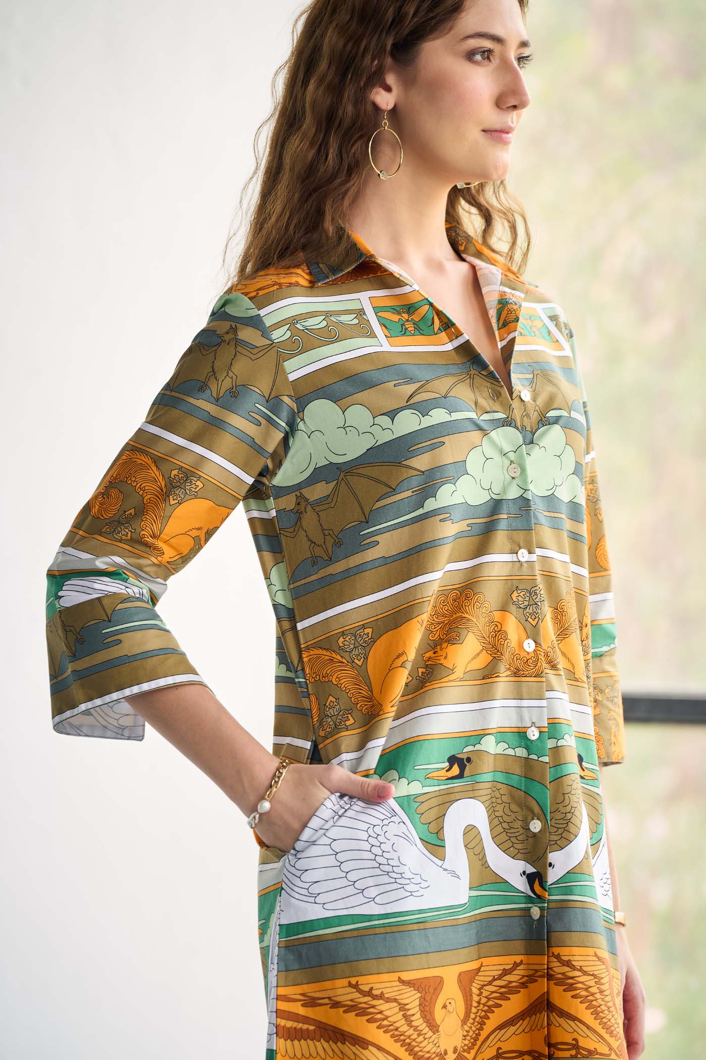 Swan Printed Poplin Shirt Dress