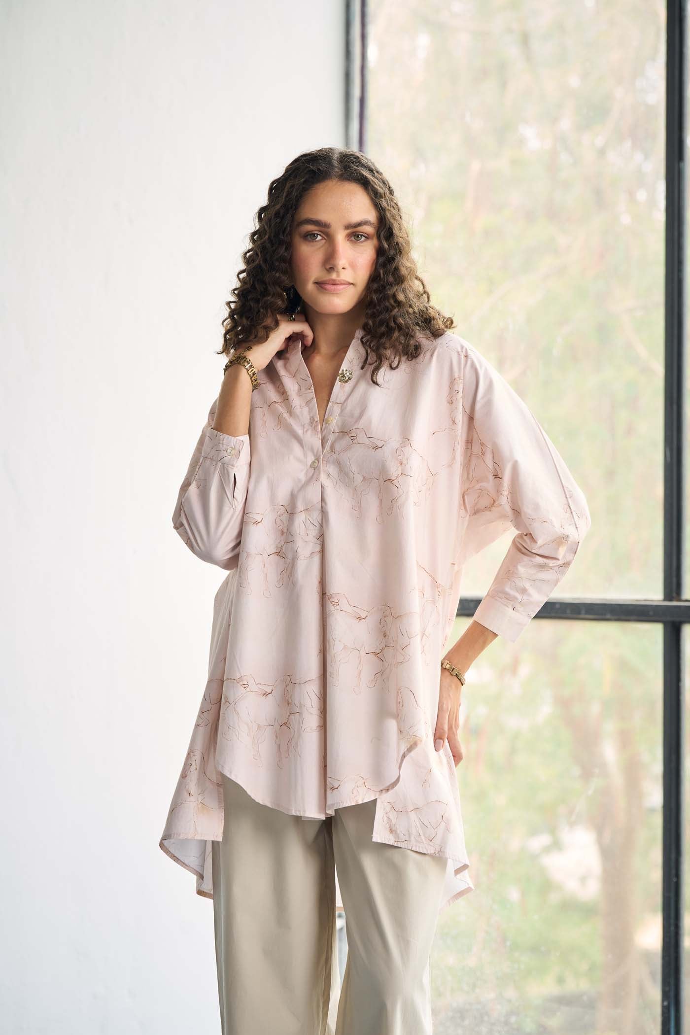 Pastel Pink Horse printed Poplin High low shirt