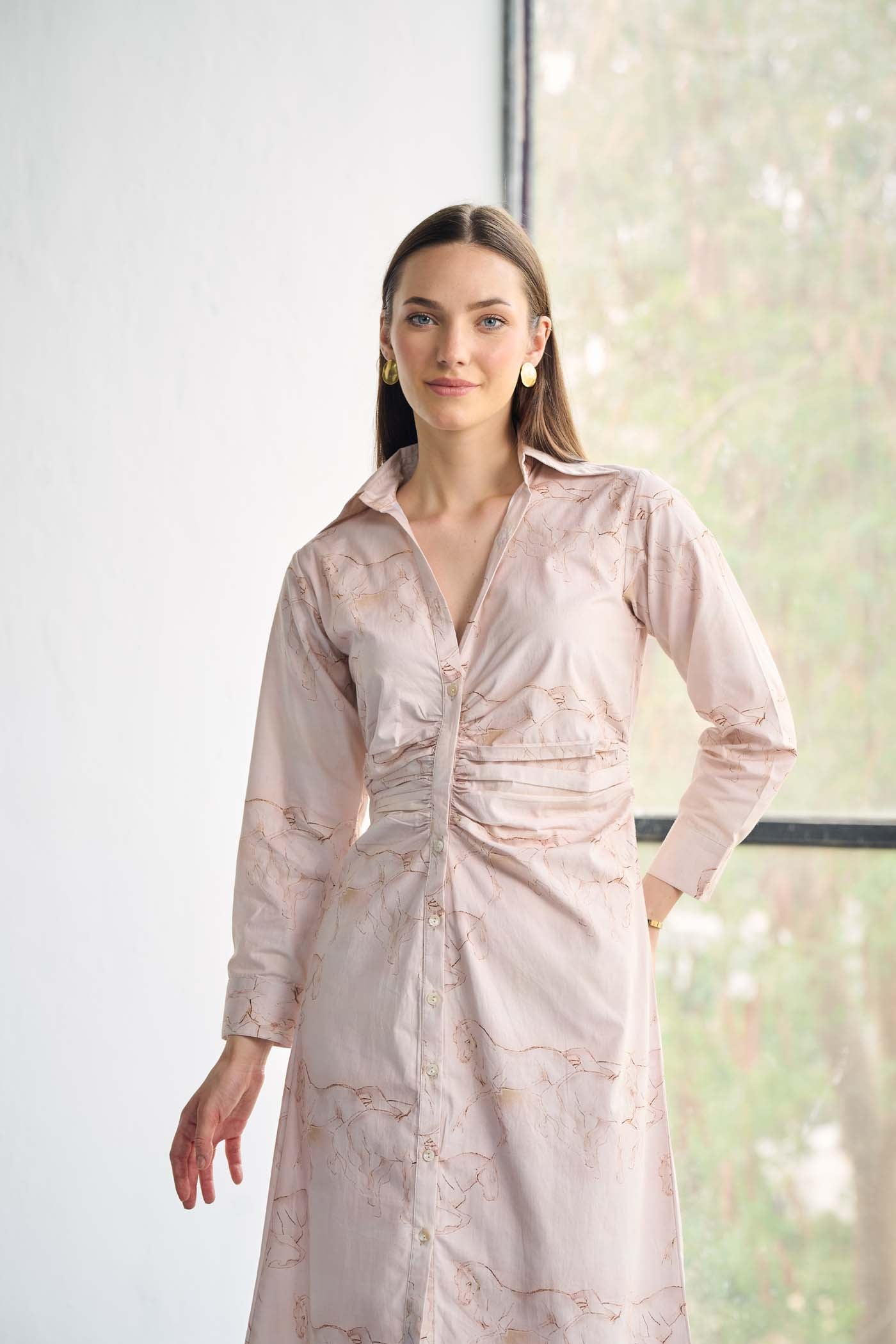 Poplin Pink Horse printed pleated shirt midi dress