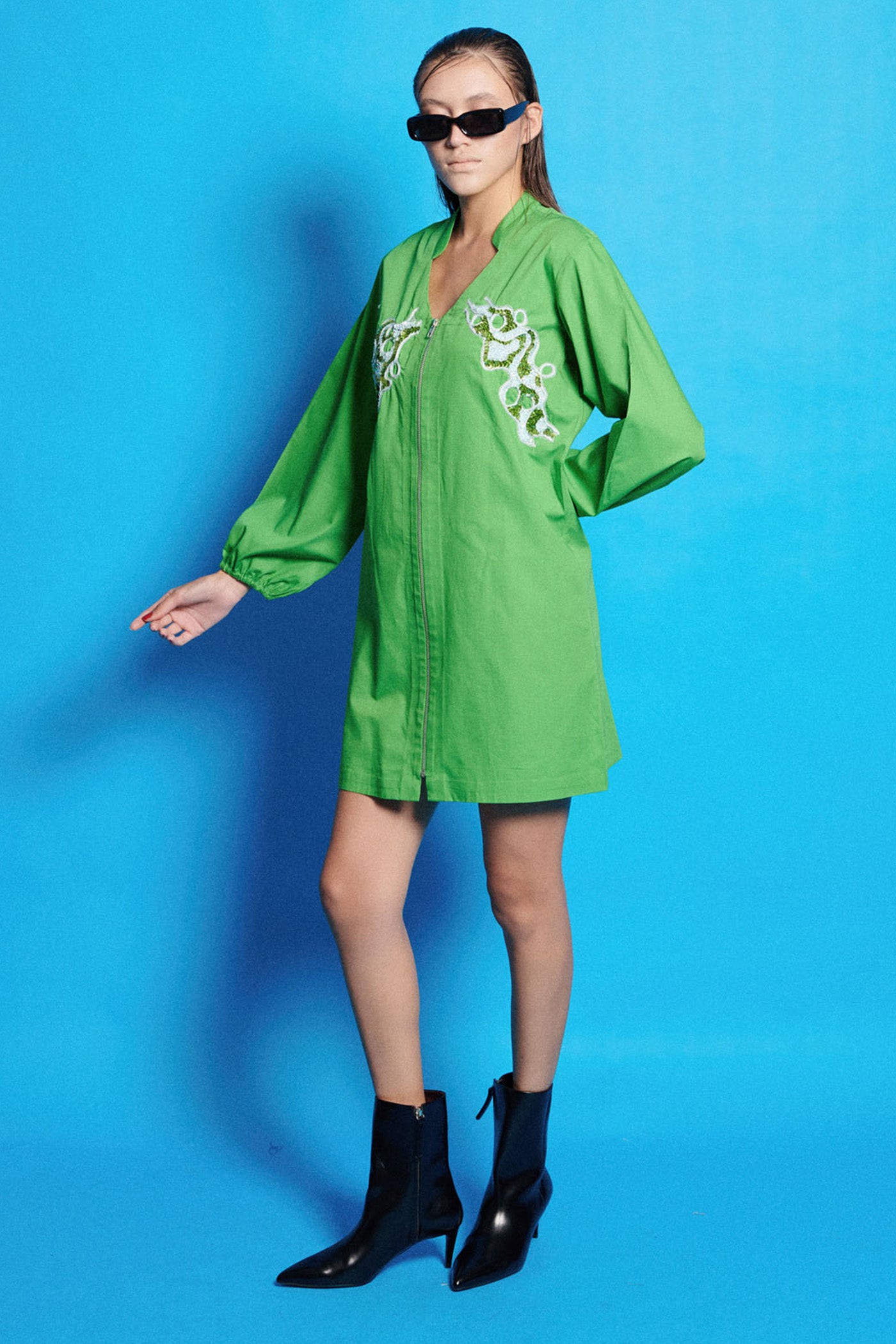 Poplin Front Zip Embroidered Shirt Dress