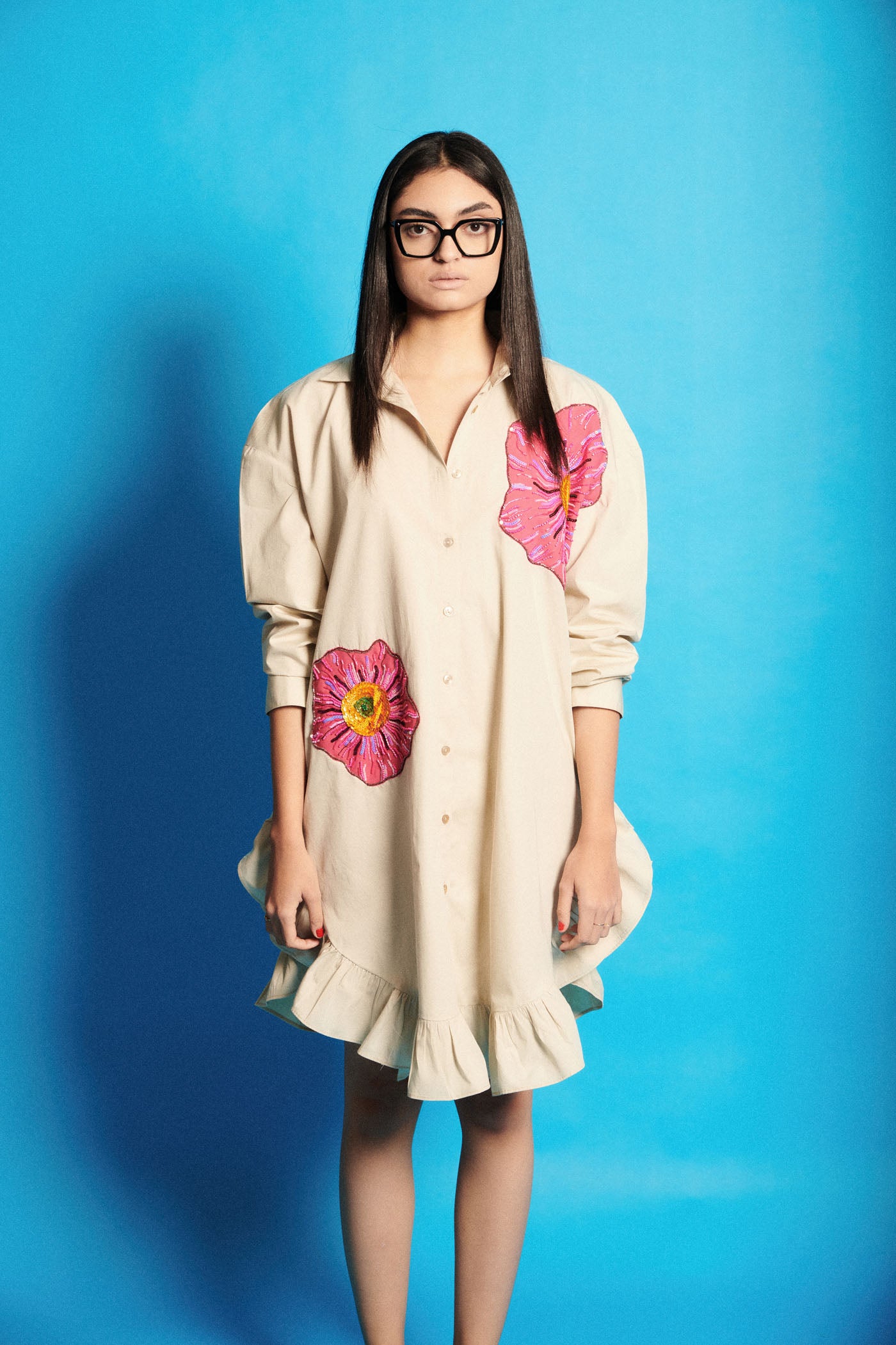 Flower Embroidered  Poplin Shirt Dress