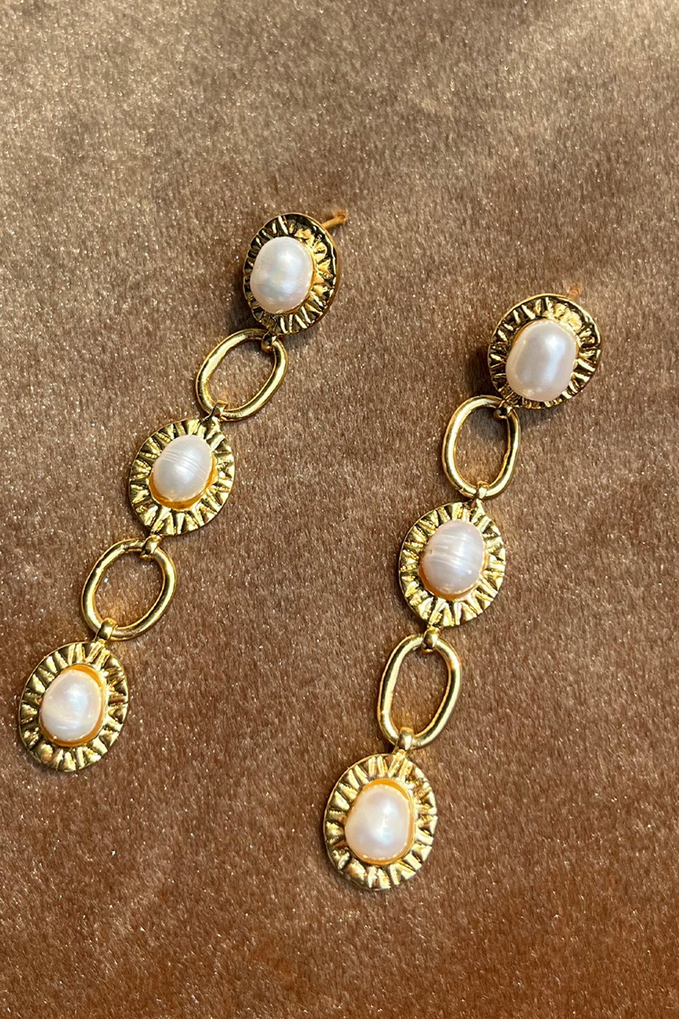 Golden Baroque Pearl Disc Drop Earrings