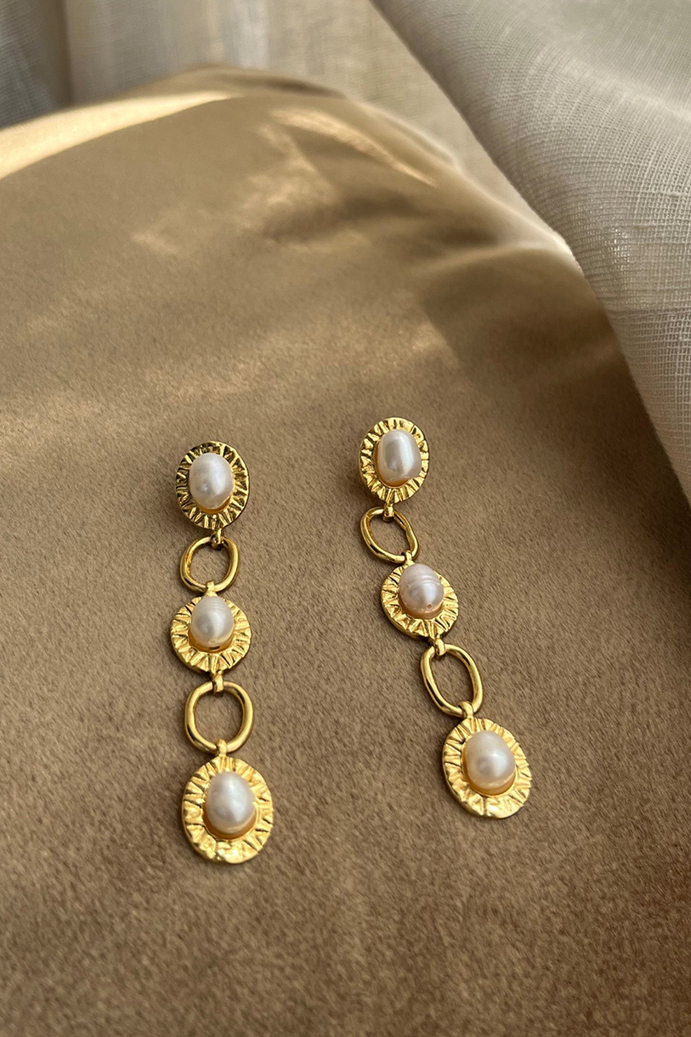 Golden Baroque Pearl Disc Drop Earrings