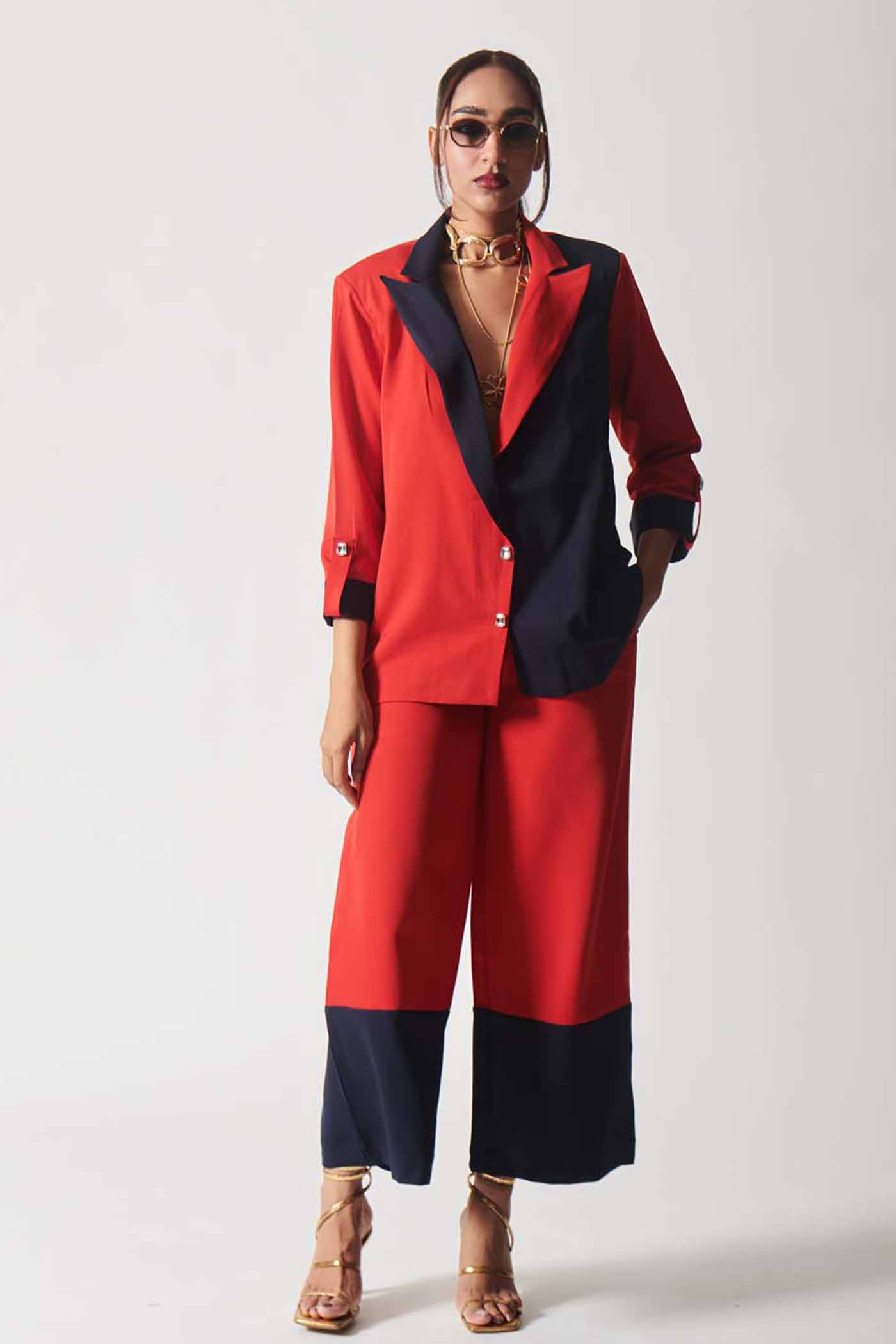 Dipti Dhillion In Navy and Crimson Power Suit