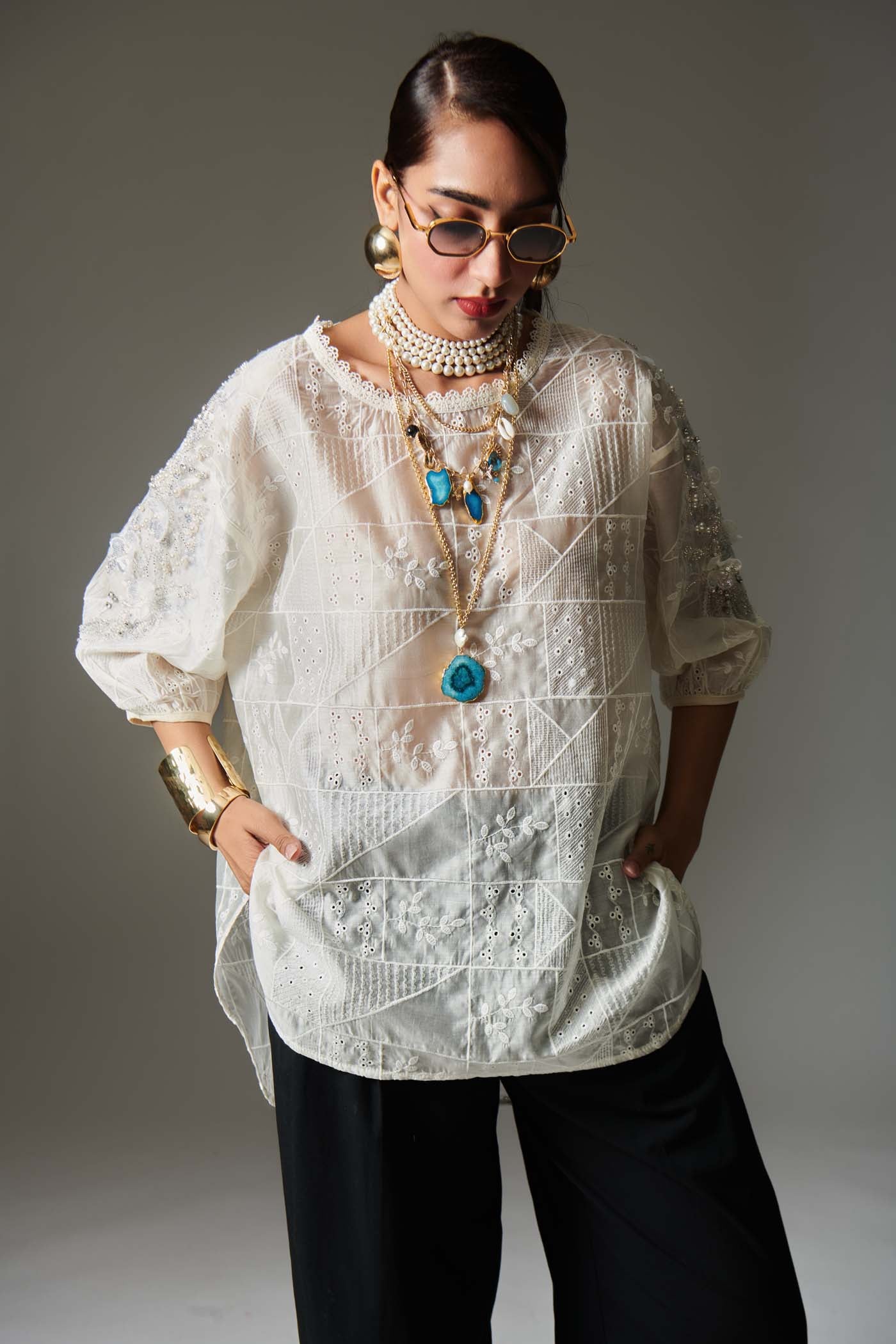 OVERSIZED EMBROIDERED SHIRT WITH INTRICATE DETAILING