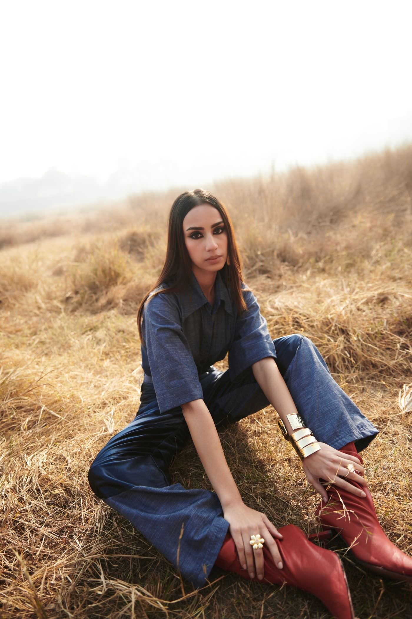 Chambray  And Satin Panelled Shirt