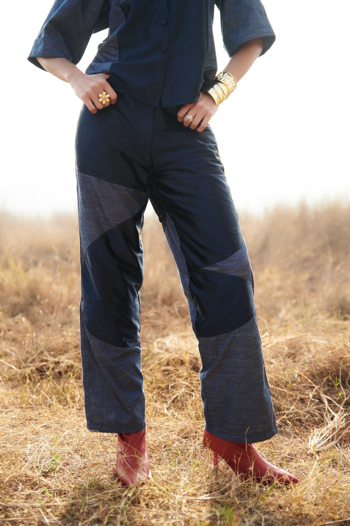 Chambray And Satin Panelled Pant