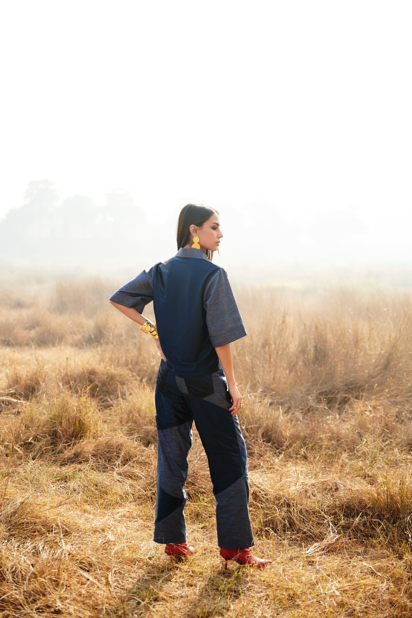 Chambray And Satin Panelled Pant