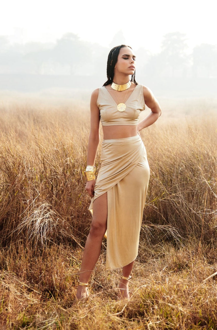 Golden Wrap-On Skirt With Cape Set