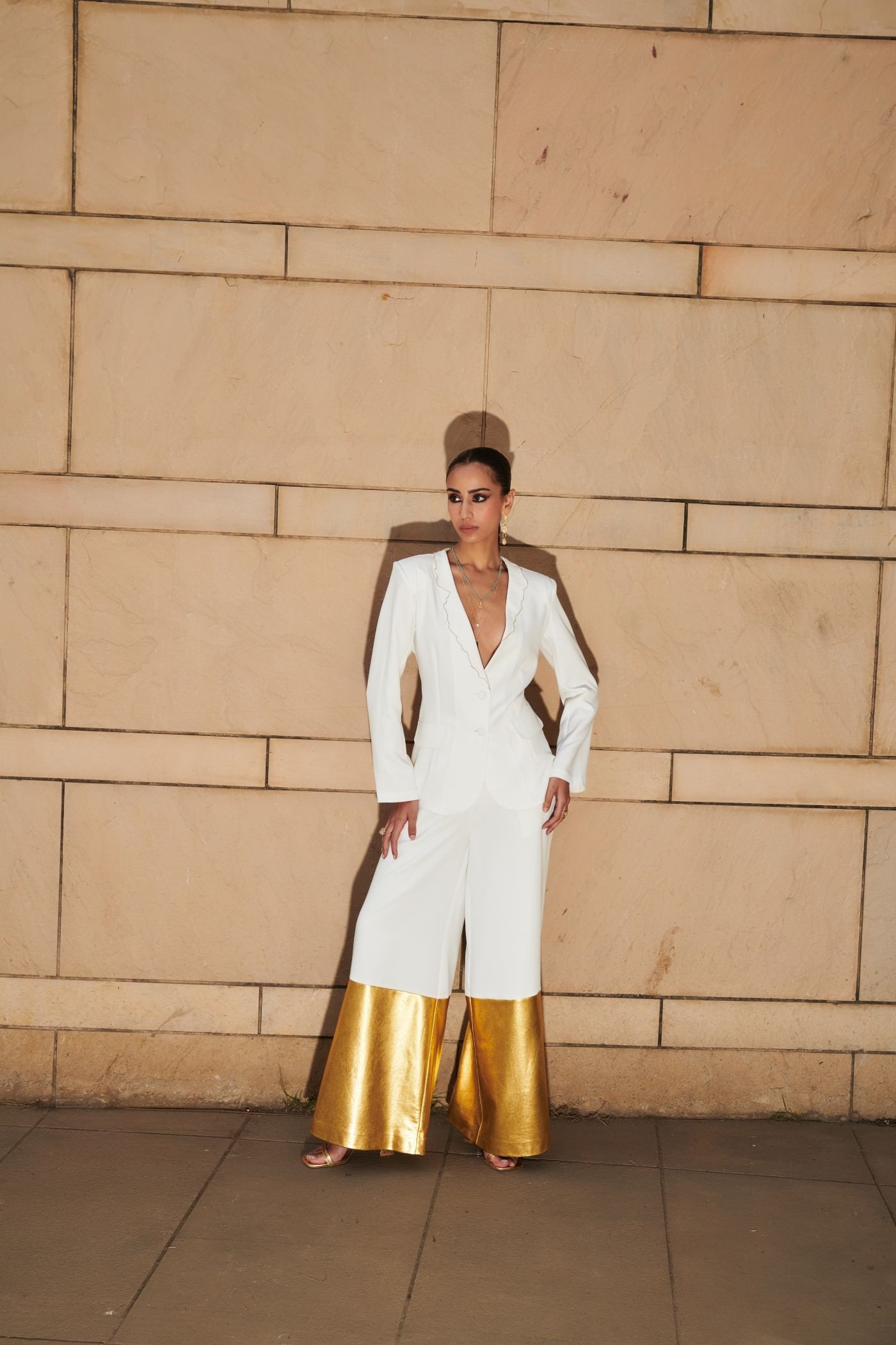 Sonam C Chhabra In White Embroidered Blazer With Extra  Wide Leg Pants