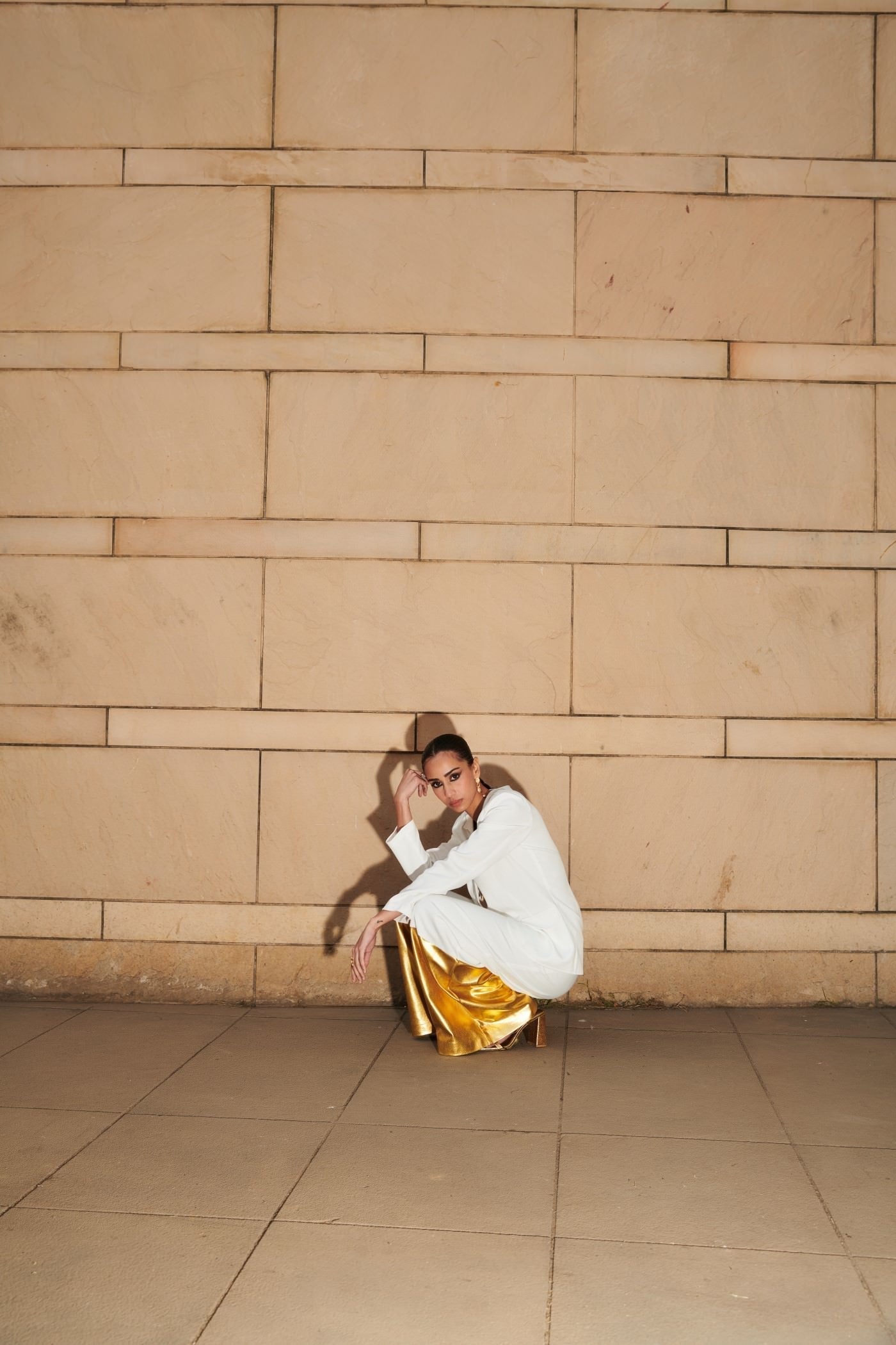 House Of Misu In White Embroidered Blazer With Extra  Wide Leg Pants