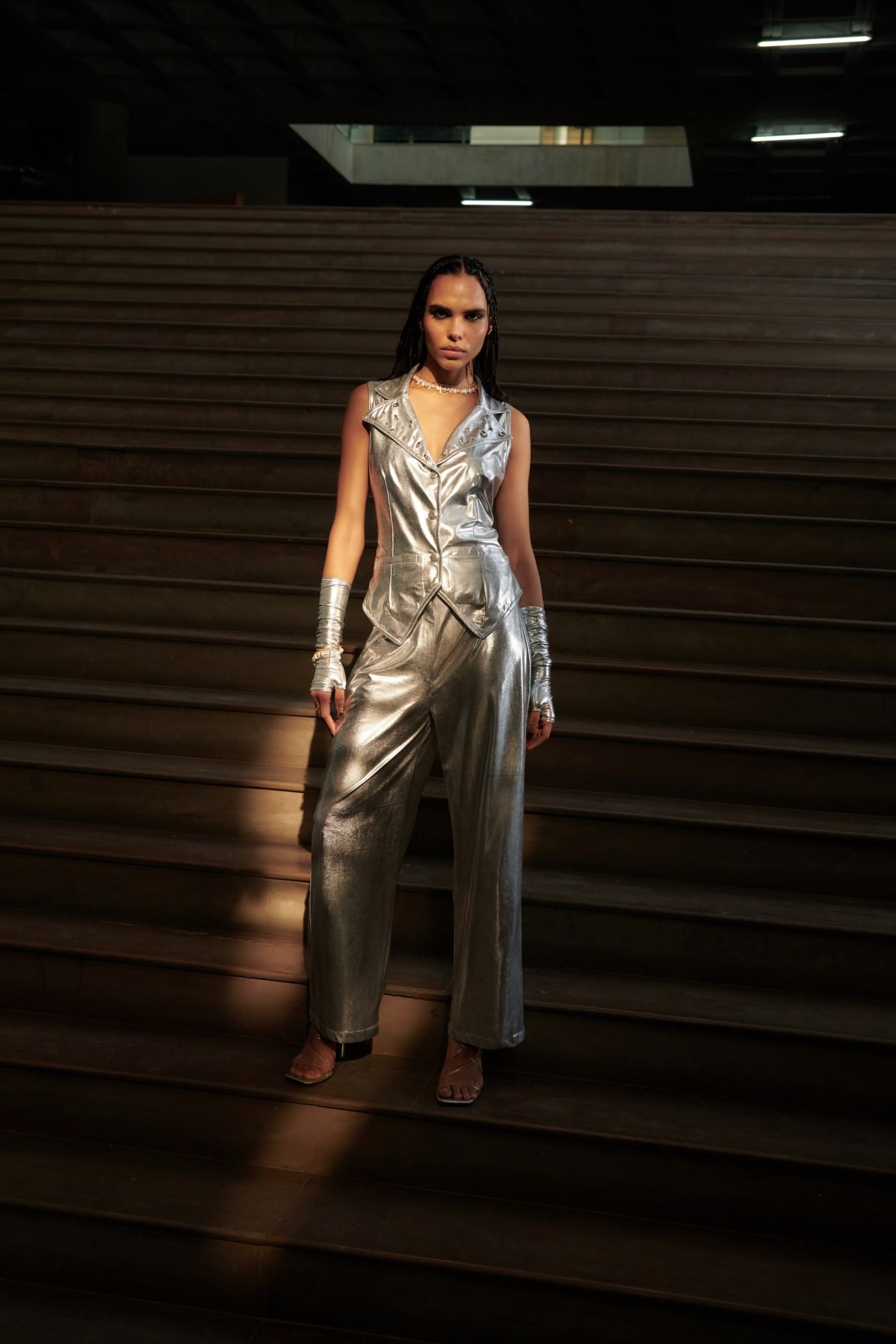 Embroidered Silver Leatherette Vest And Pant Set