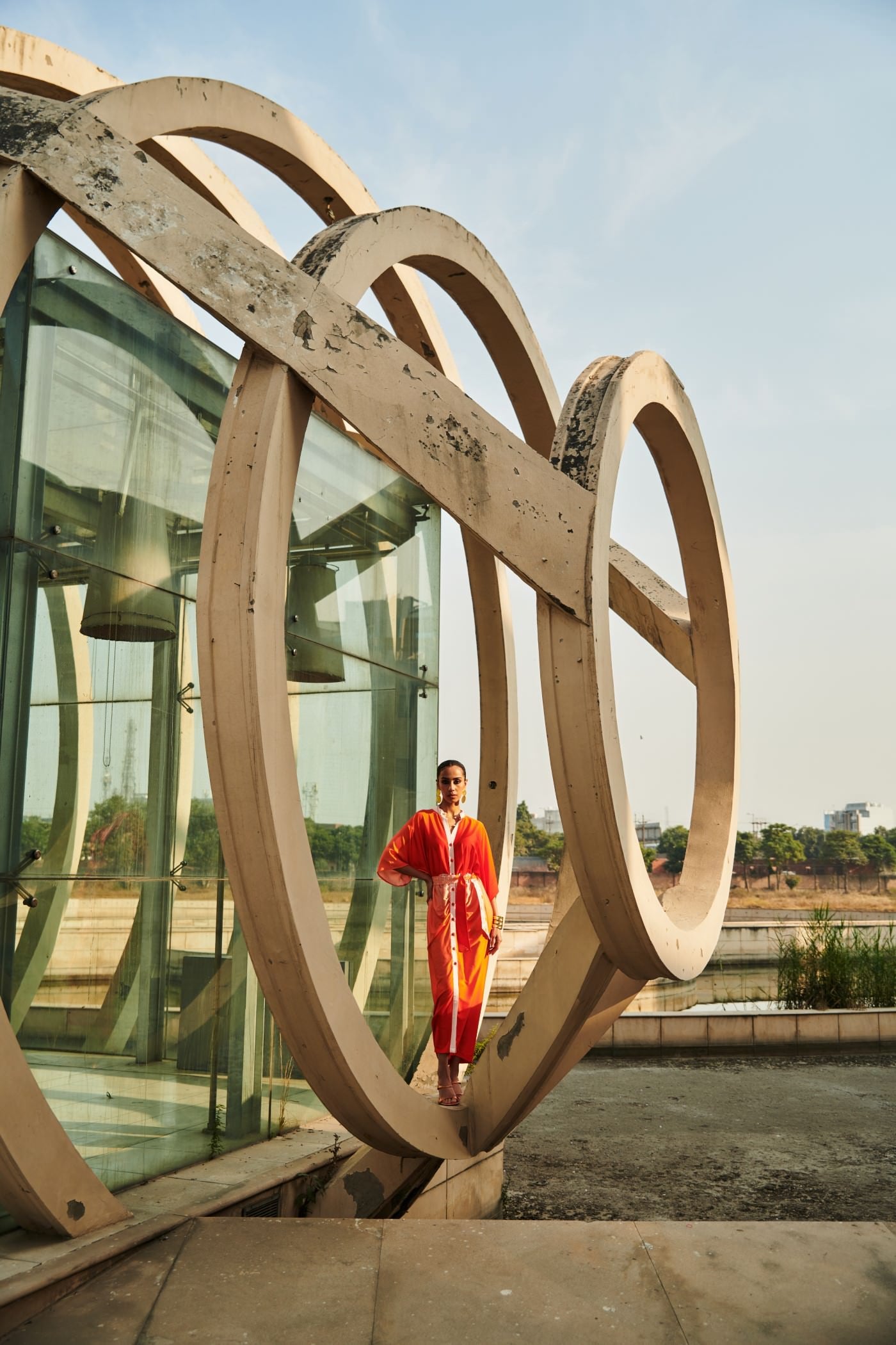 Orange Pleated Midi Dress With Embroidered Belt