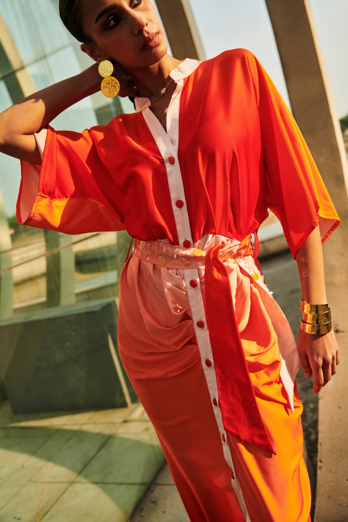 Orange Pleated Midi Dress With Embroidered Belt