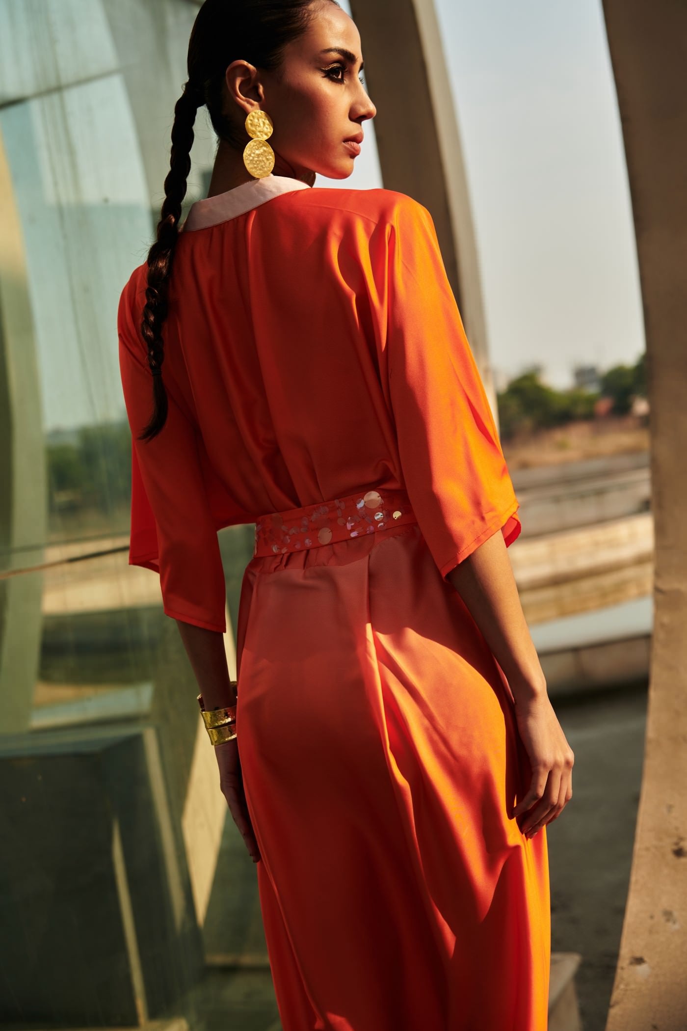 Orange Pleated Midi Dress With Embroidered Belt