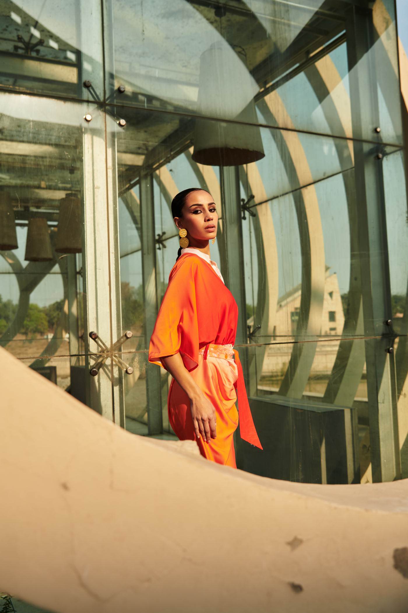 Orange Pleated Midi Dress With Embroidered Belt