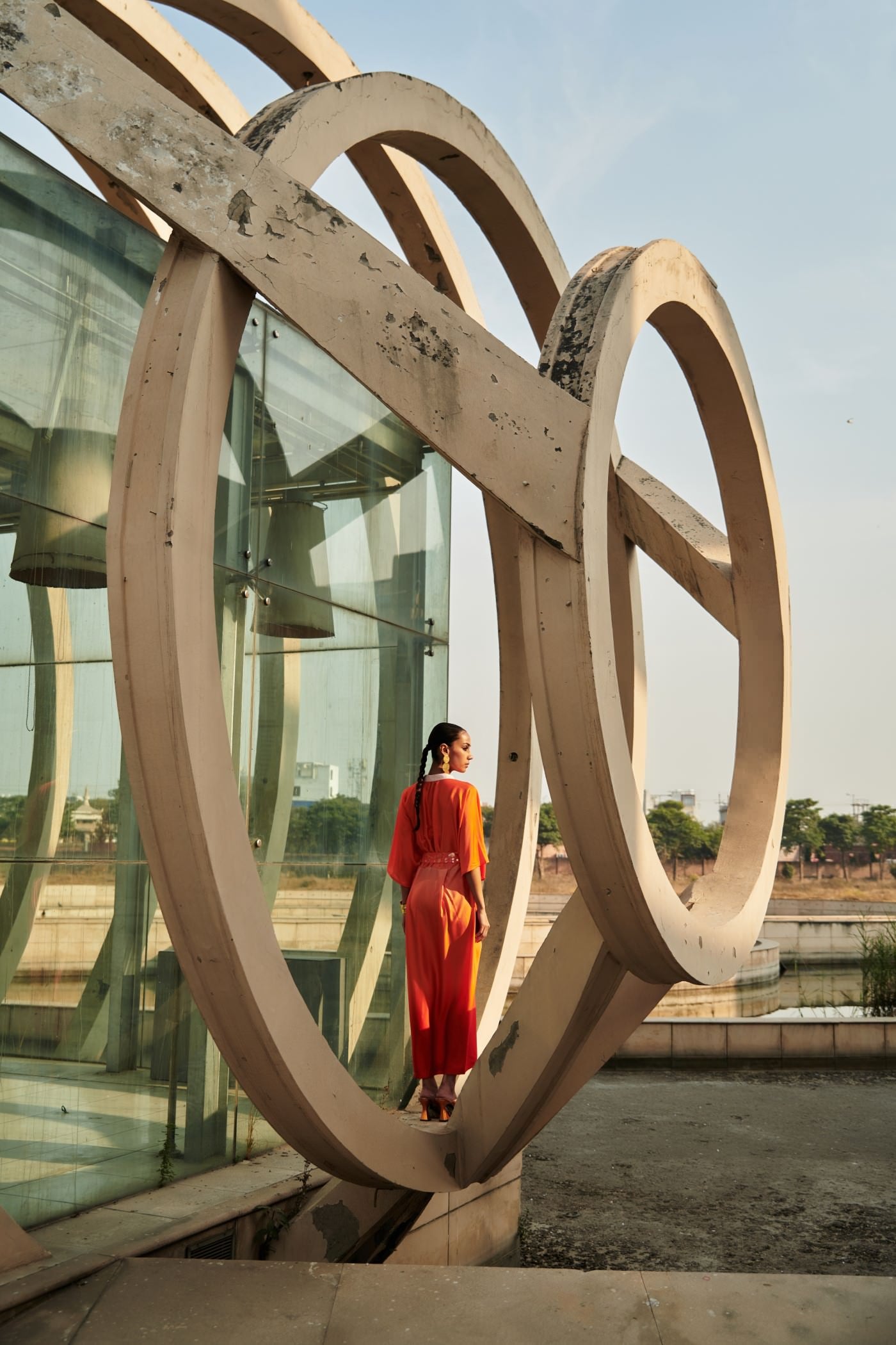 Orange Pleated Midi Dress With Embroidered Belt