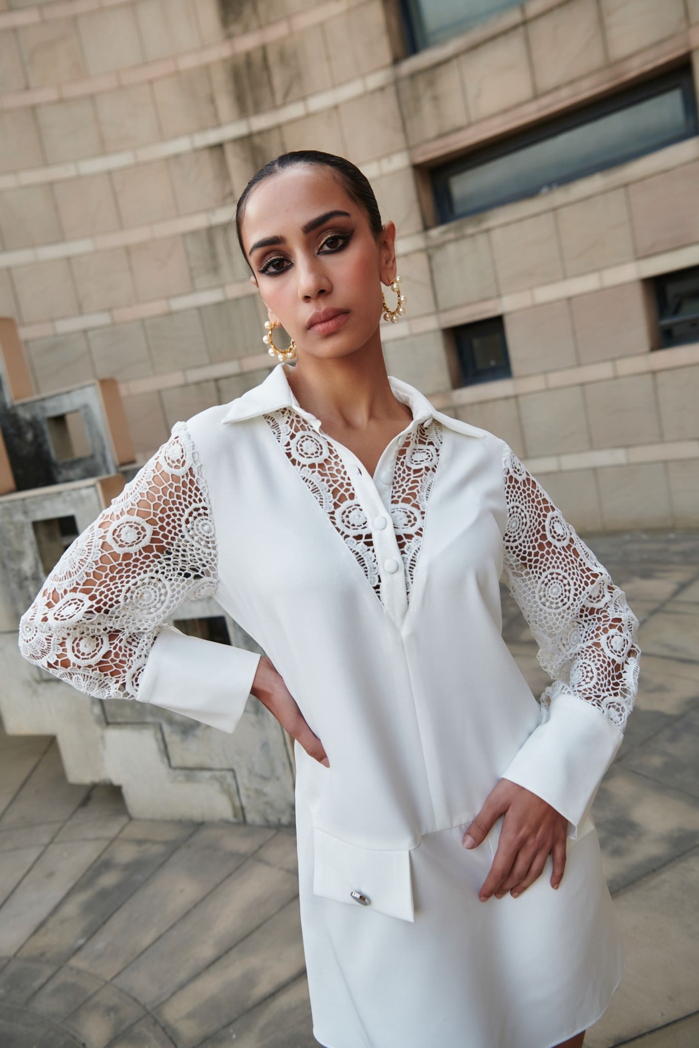 White Mini Shirt Dress With Lace Details