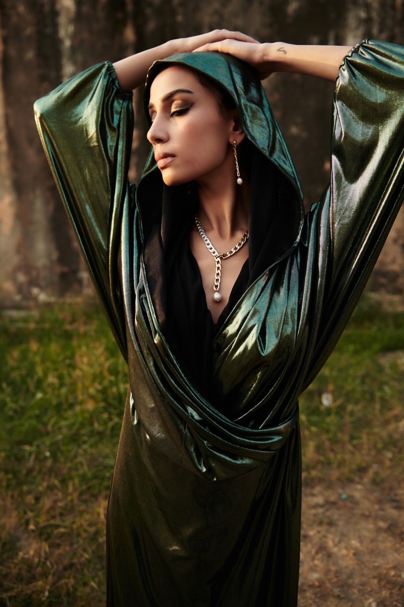 Metallic Green Hoodie Dress