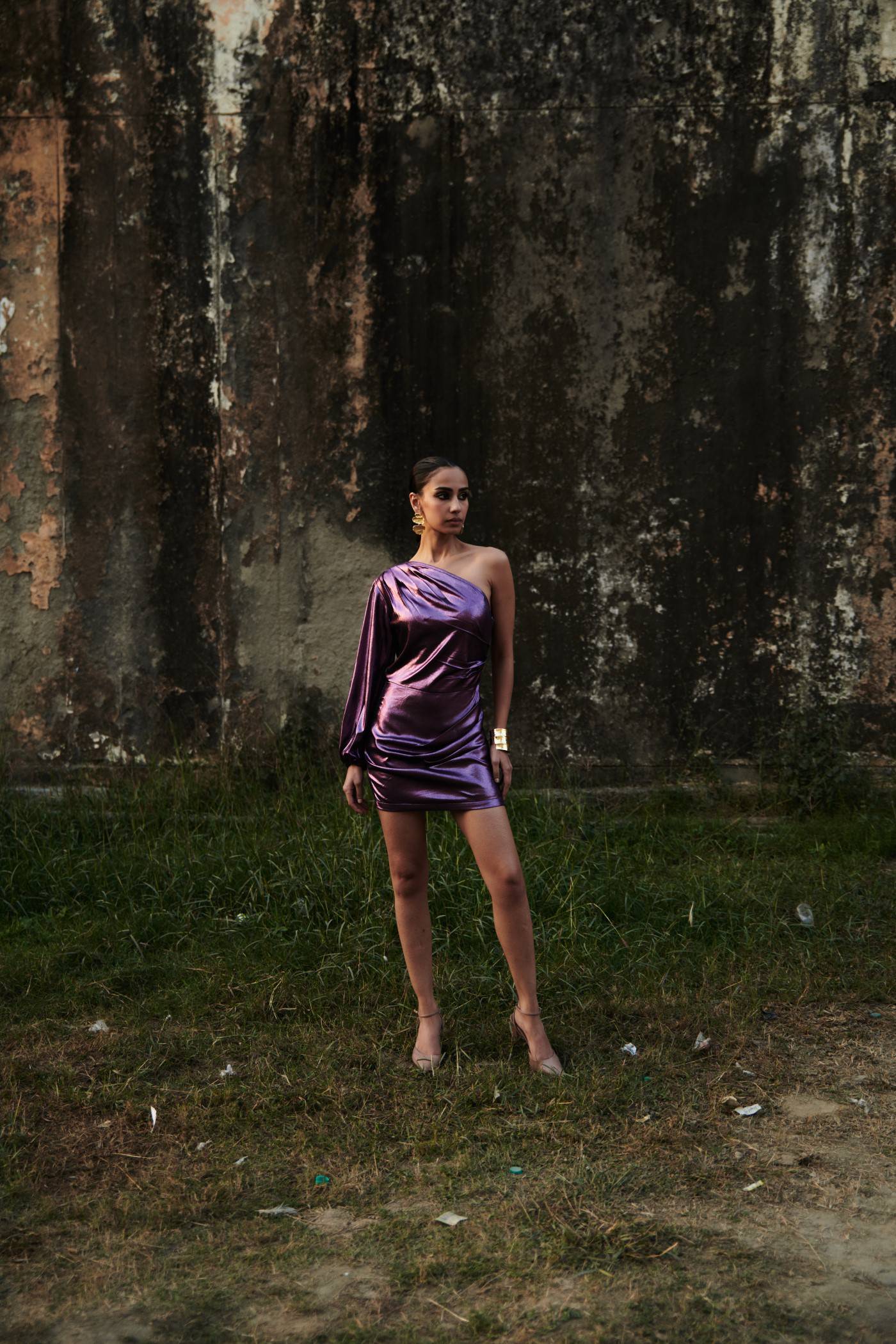 Metallic Purple One Shoulder Mini Dress