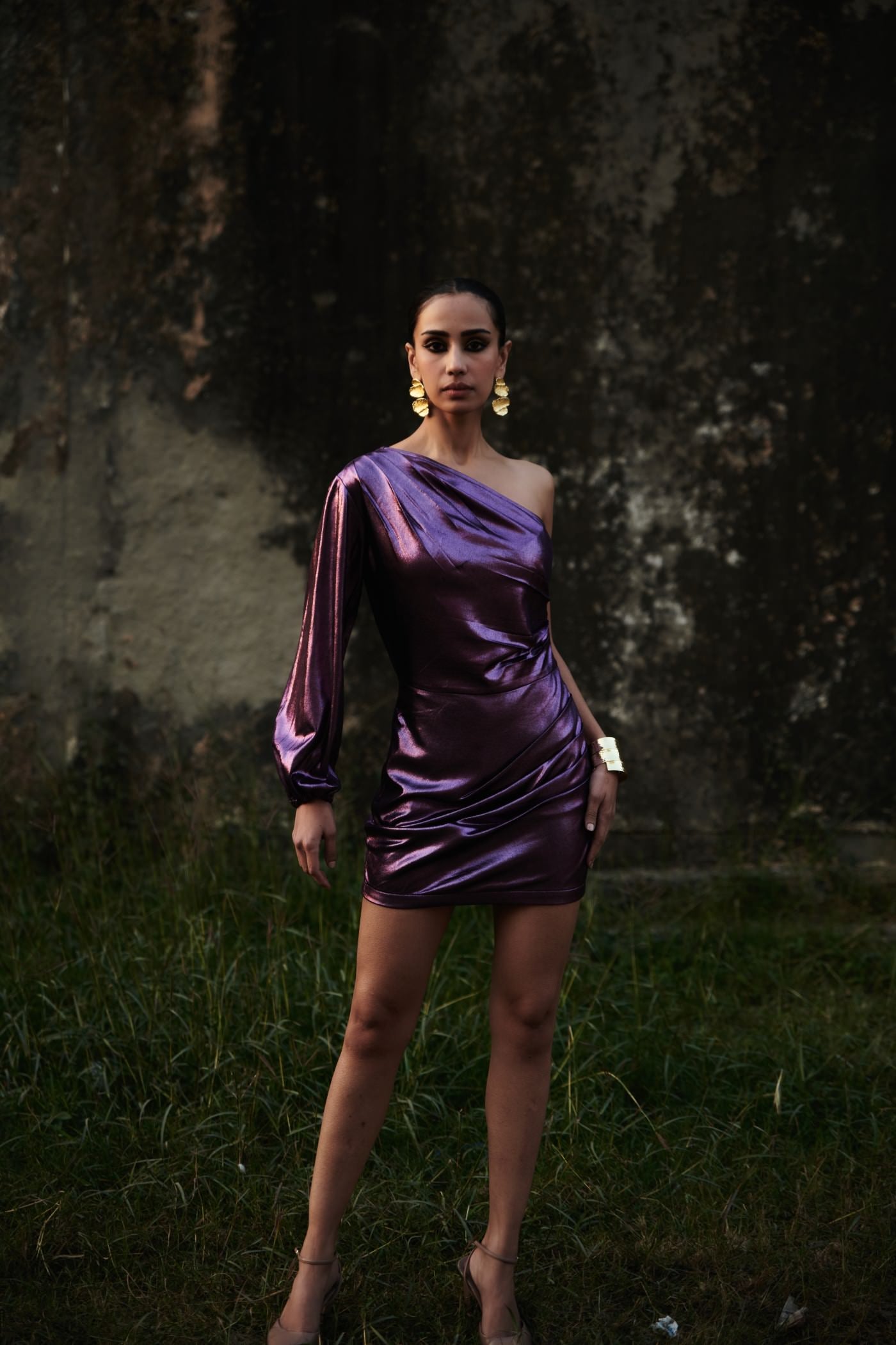 Metallic Purple One Shoulder Mini Dress