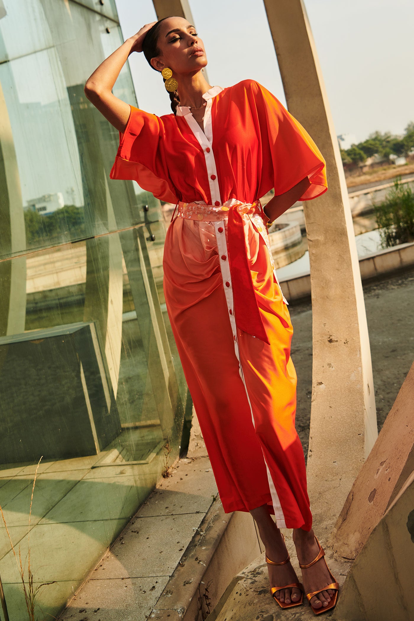 Orange Pleated Midi Dress With Embroidered Belt