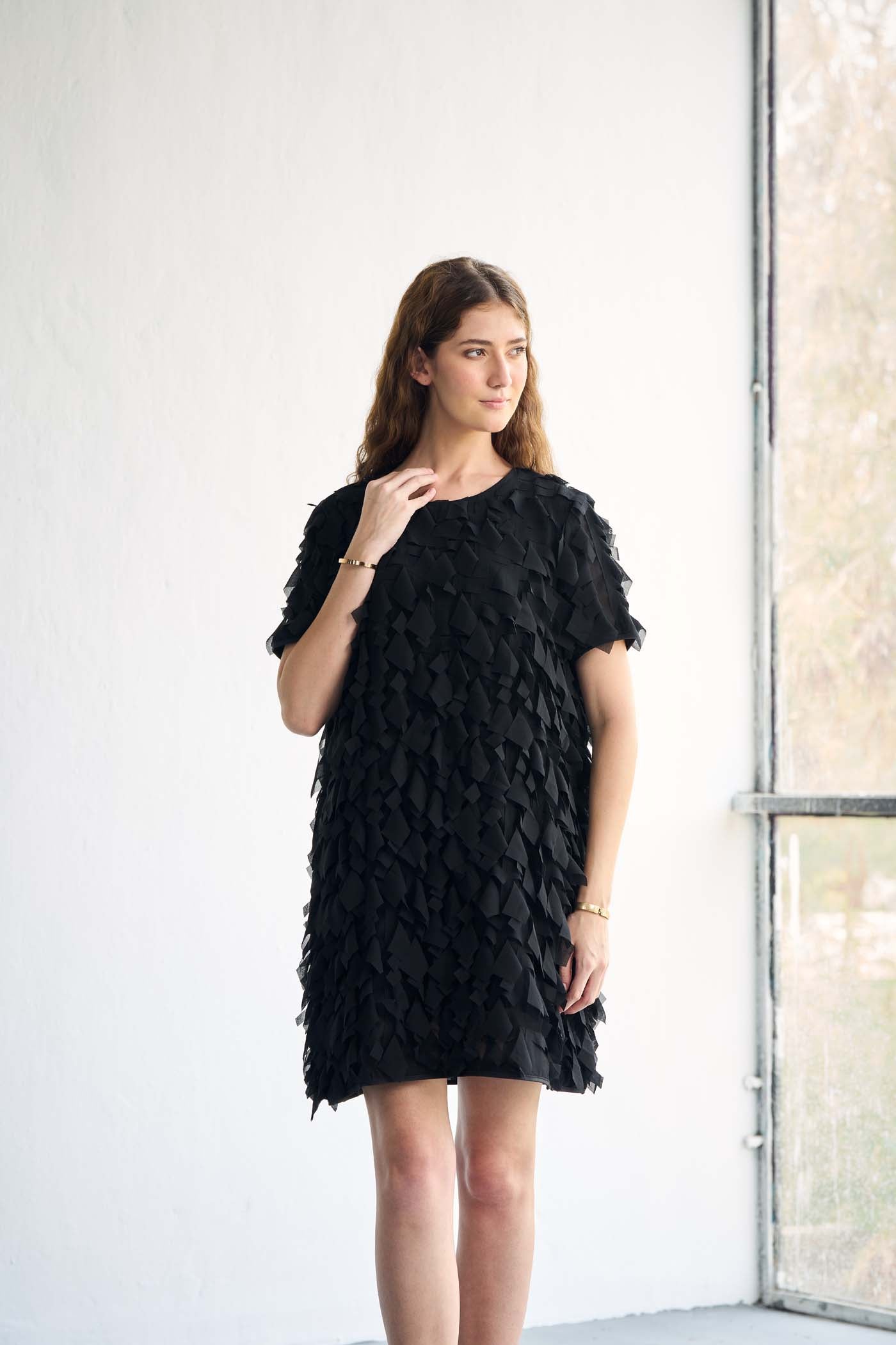 Ruffled textured black mini dress