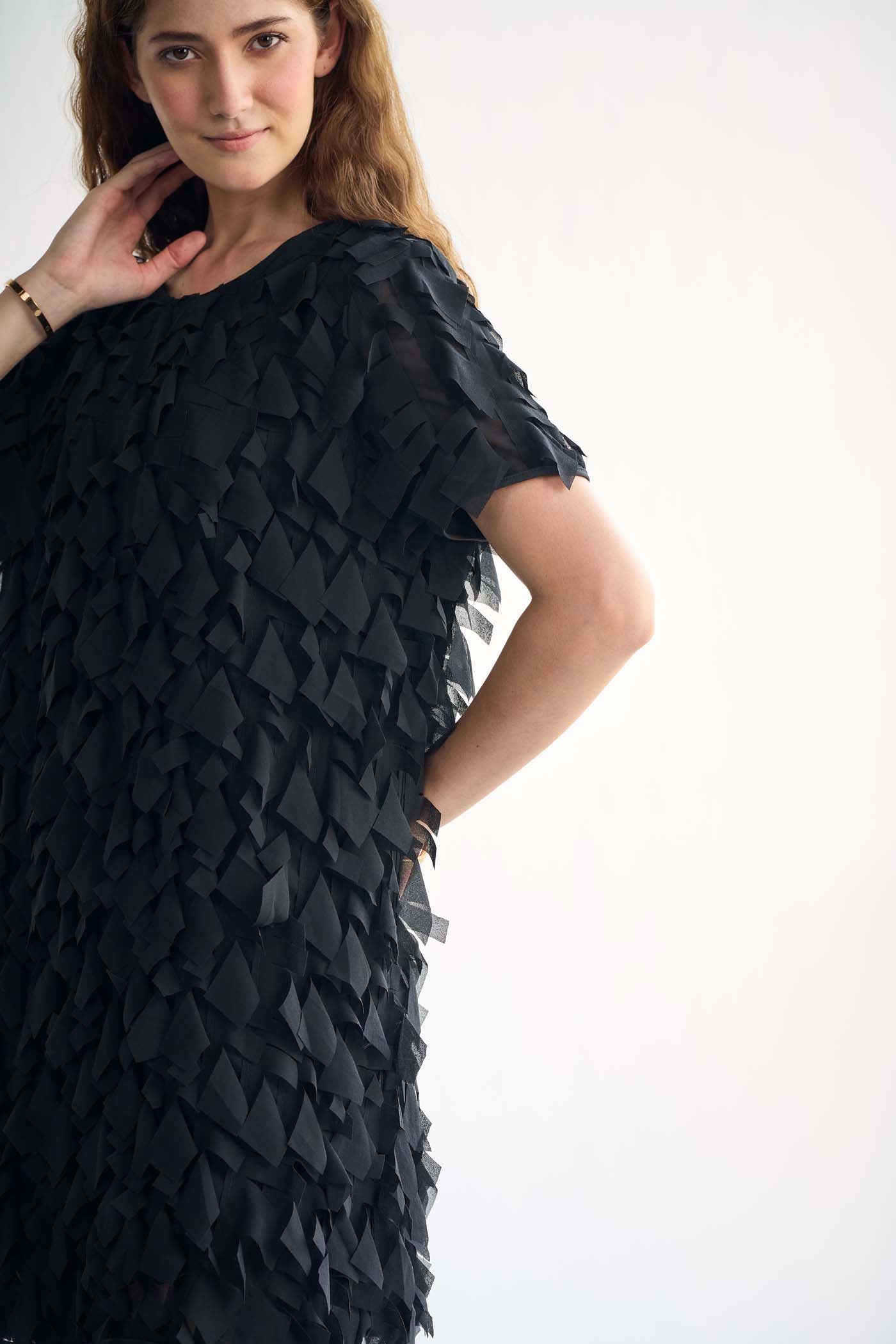 Ruffled textured black mini dress