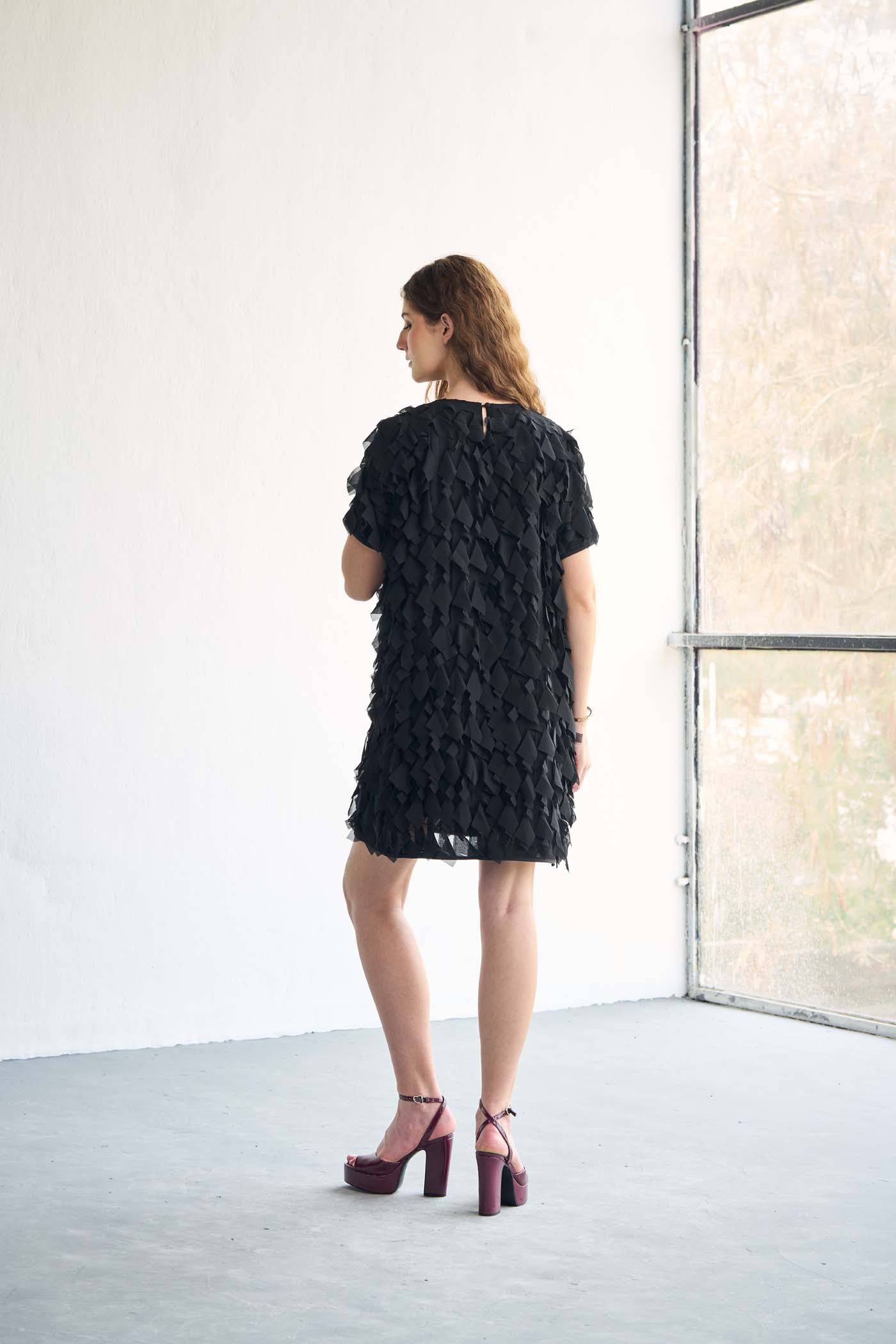 Ruffled textured black mini dress